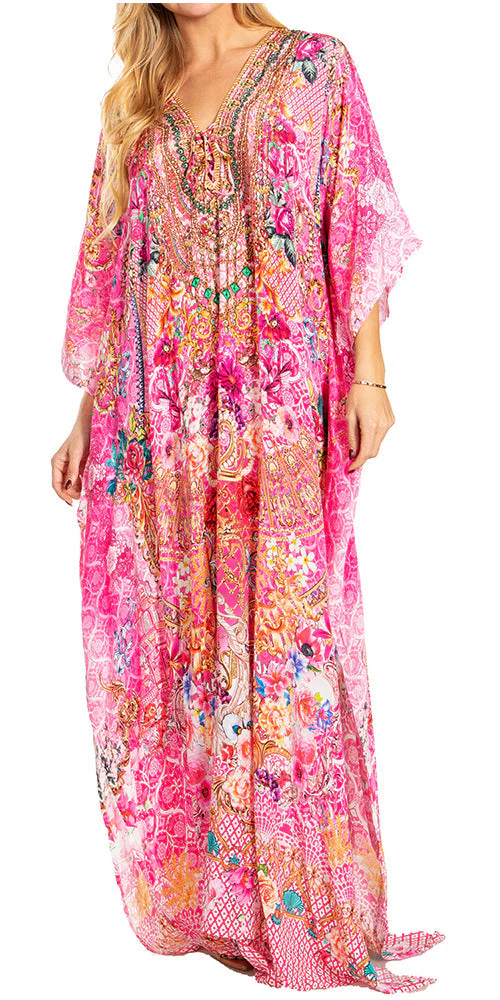 Sakkas Georgettina 2025 Flowy Rhinestone V Neck Long Caftan Dress / Cover Up - Image 104