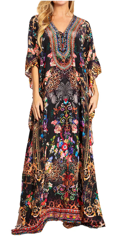 Sakkas Georgettina 2025 Flowy Rhinestone V Neck Long Caftan Dress / Cover Up - Image 11