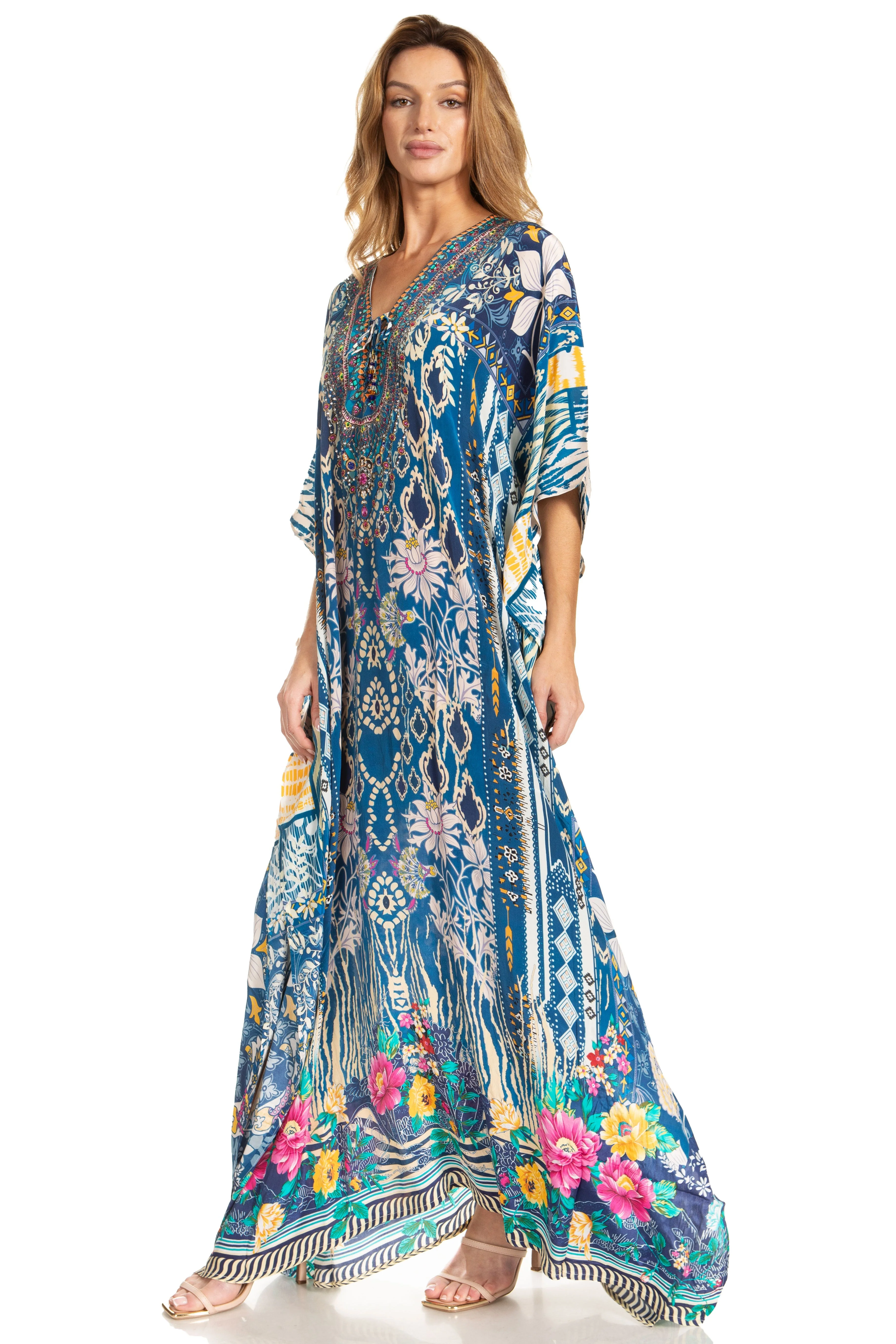 Sakkas Georgettina 2025 Flowy Rhinestone V Neck Long Caftan Dress / Cover Up - Image 111
