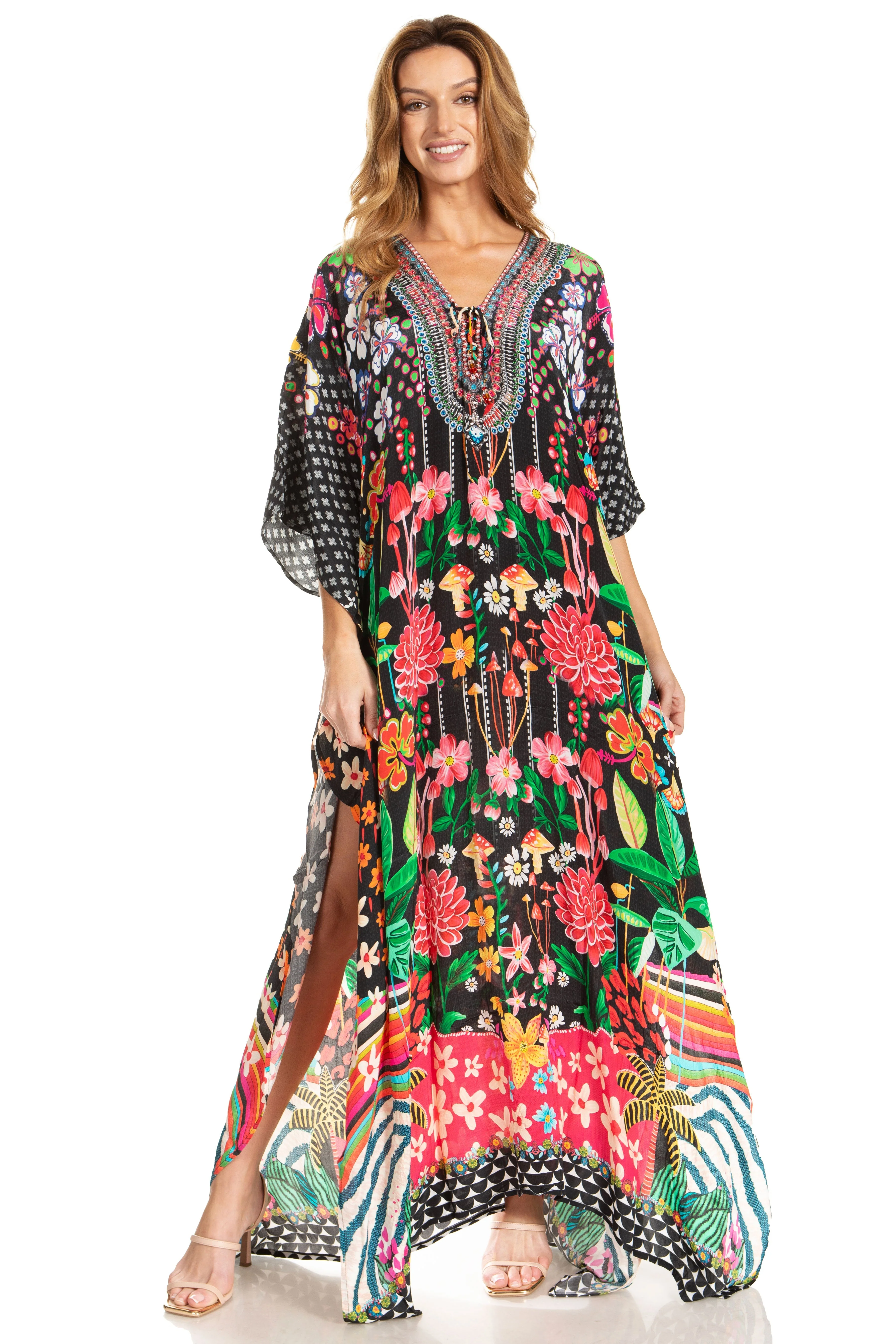 Sakkas Georgettina 2025 Flowy Rhinestone V Neck Long Caftan Dress / Cover Up - Image 118