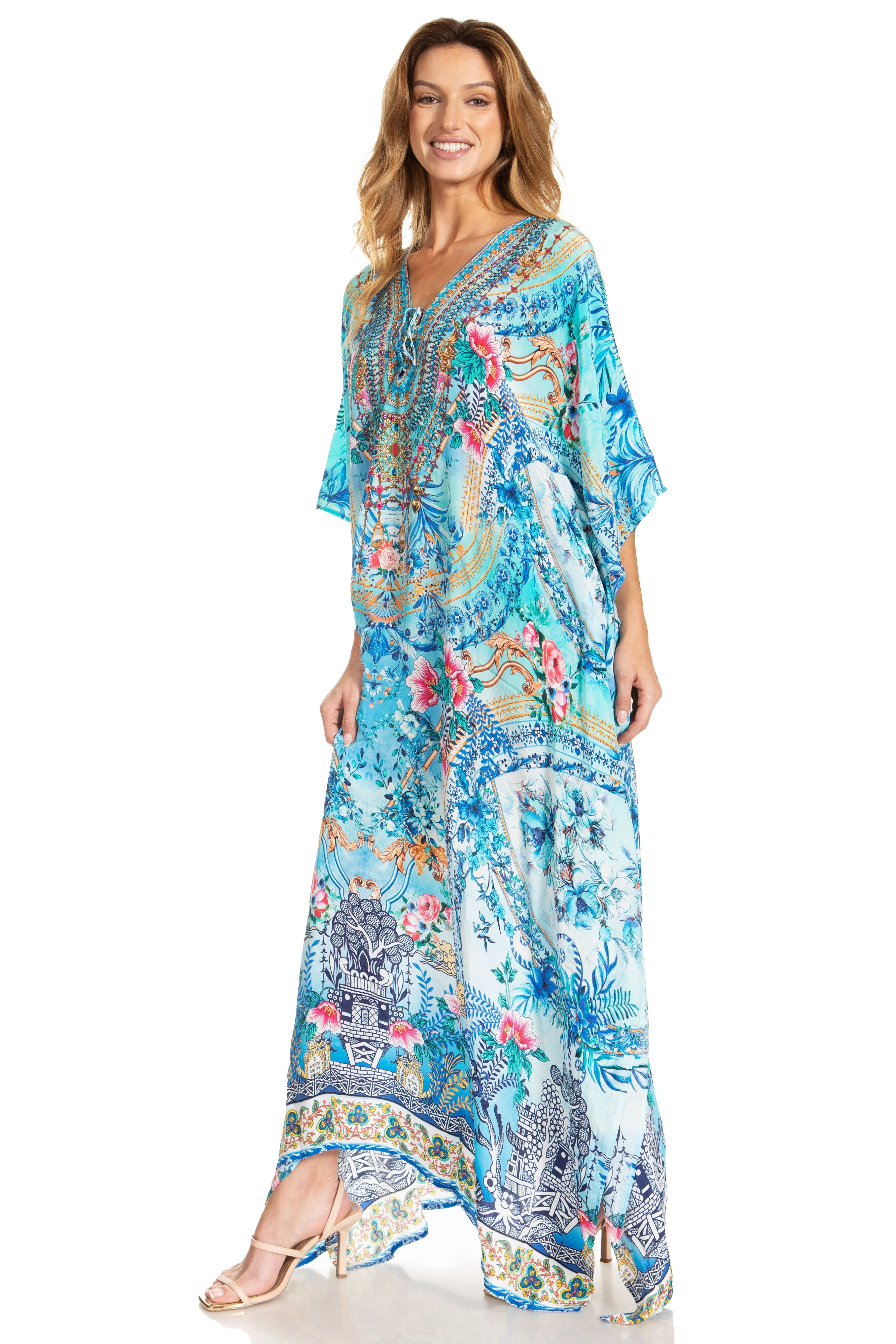 Sakkas Georgettina 2025 Flowy Rhinestone V Neck Long Caftan Dress / Cover Up - Image 121
