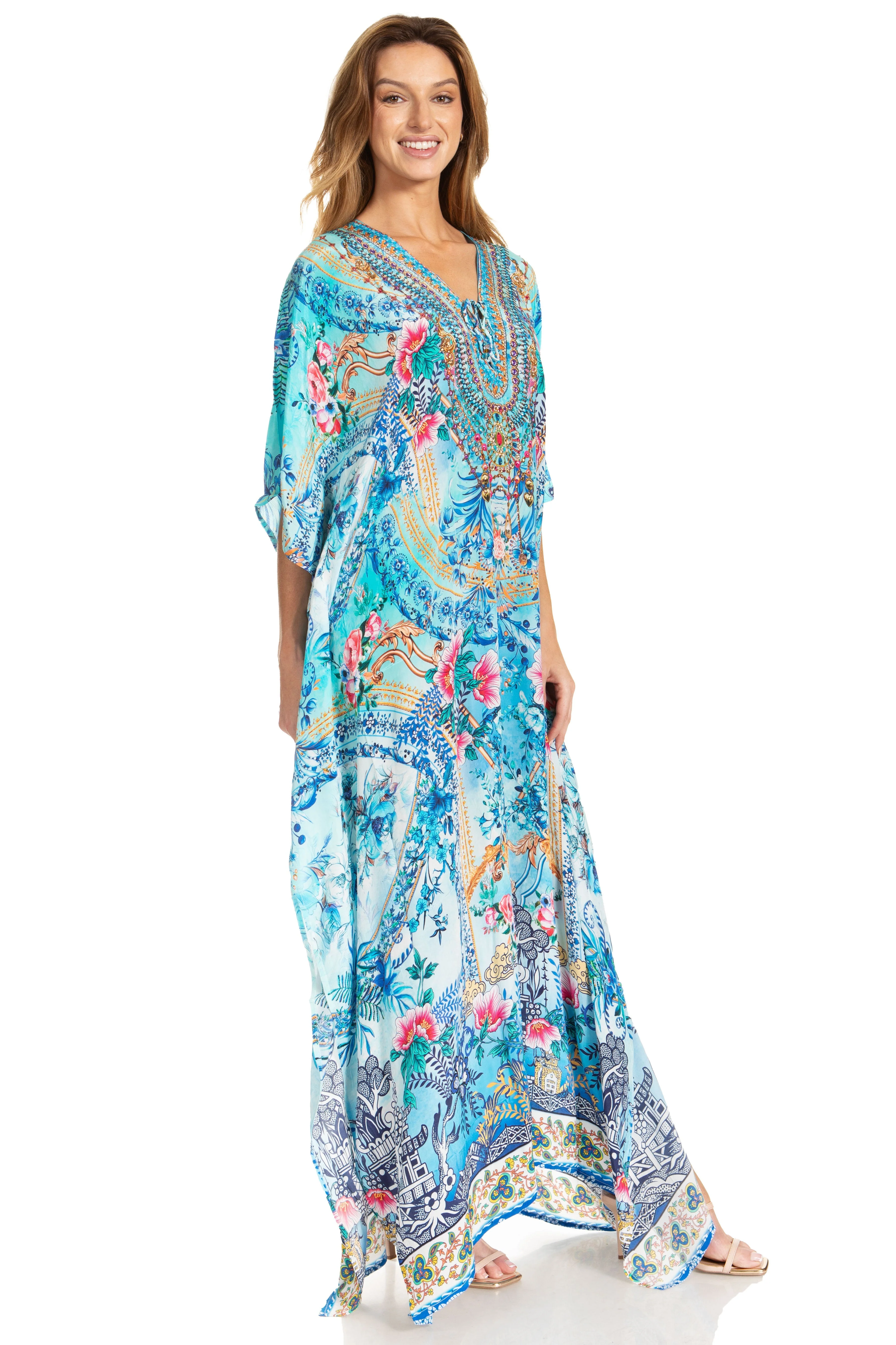 Sakkas Georgettina 2025 Flowy Rhinestone V Neck Long Caftan Dress / Cover Up - Image 122