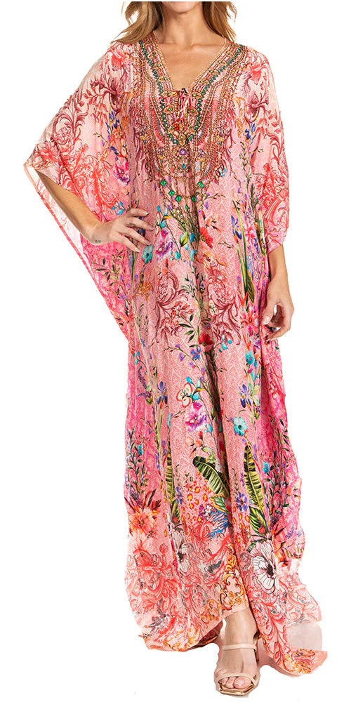 Sakkas Georgettina 2025 Flowy Rhinestone V Neck Long Caftan Dress / Cover Up - Image 124