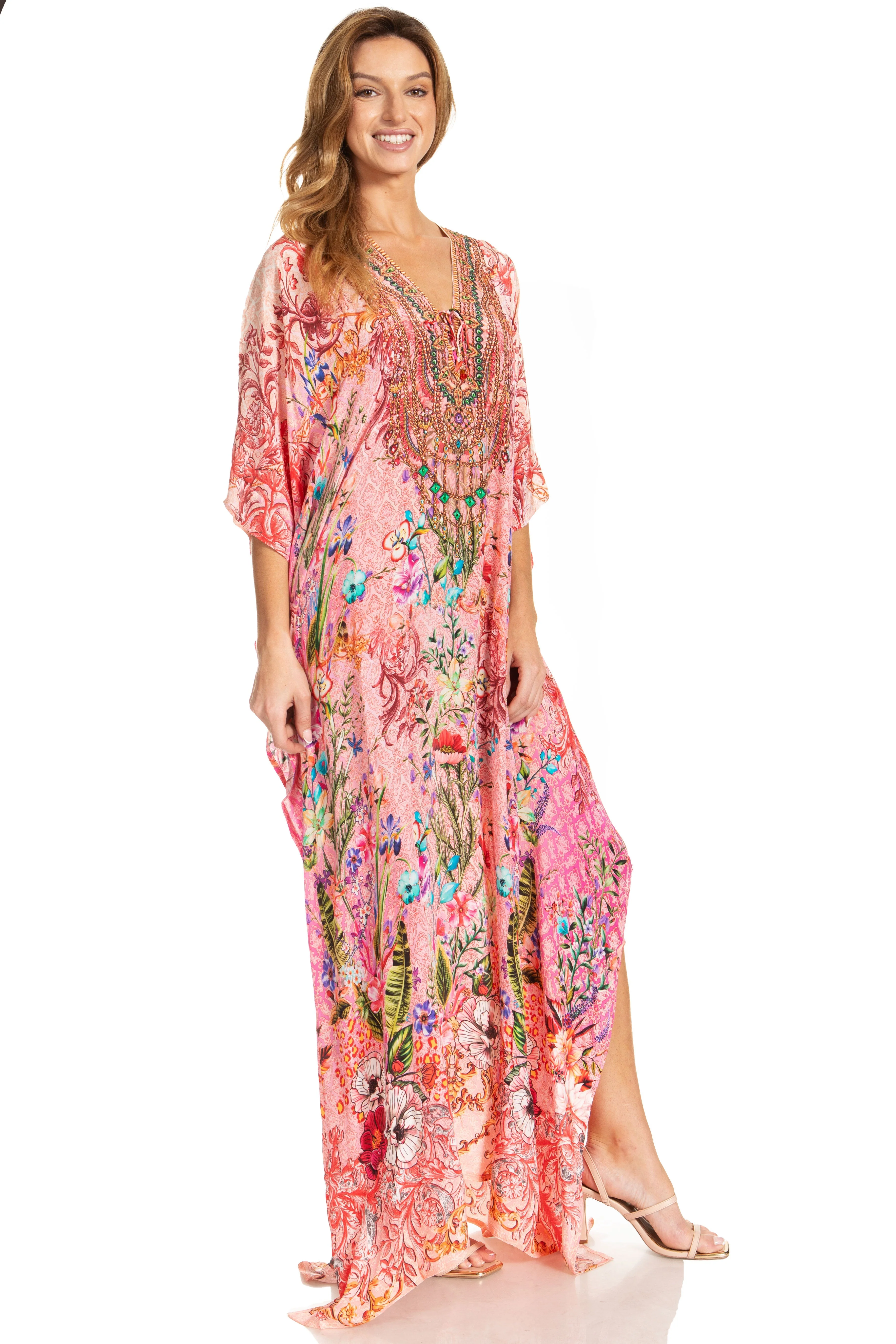 Sakkas Georgettina 2025 Flowy Rhinestone V Neck Long Caftan Dress / Cover Up - Image 127