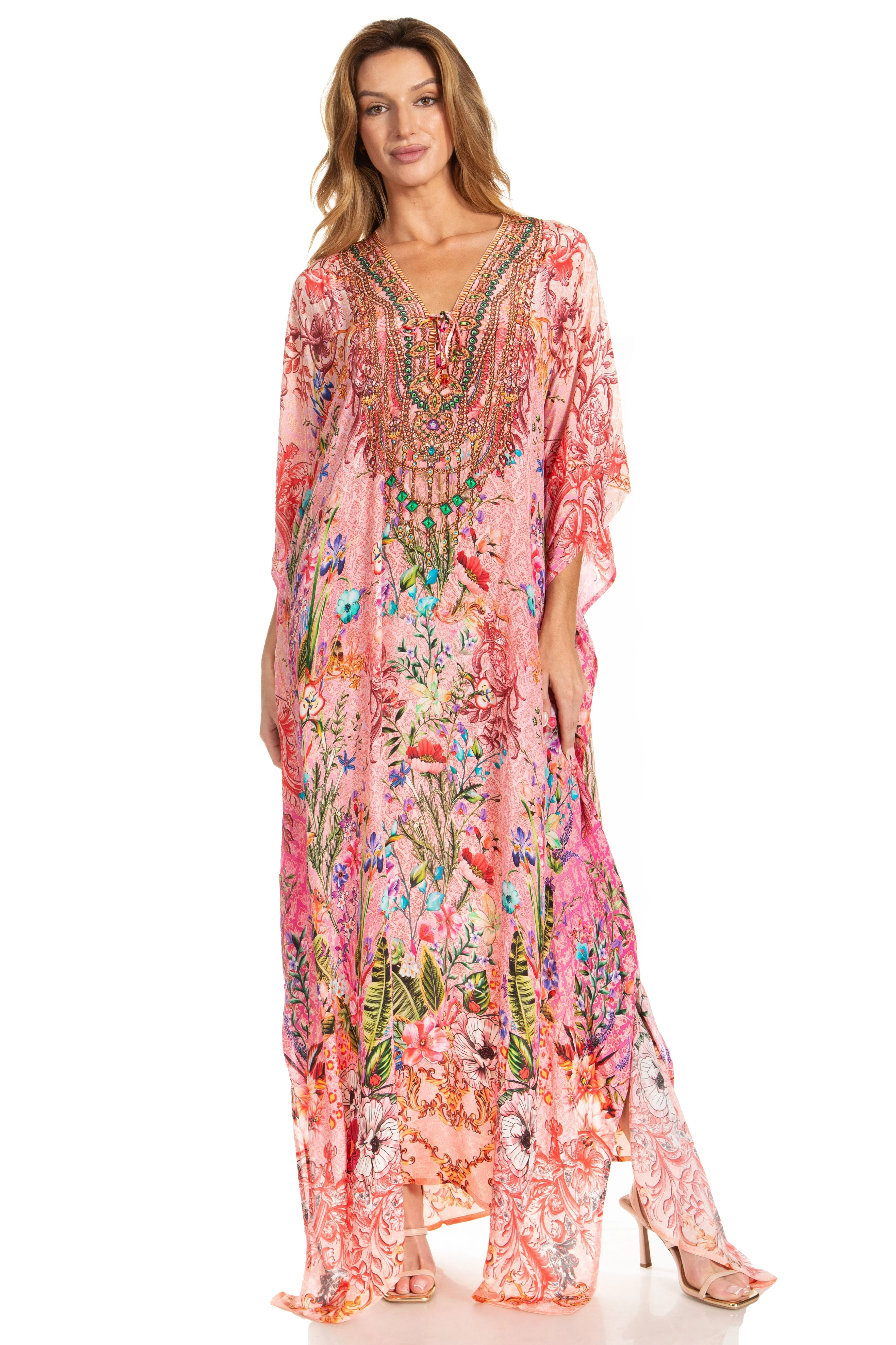 Sakkas Georgettina 2025 Flowy Rhinestone V Neck Long Caftan Dress / Cover Up - Image 128