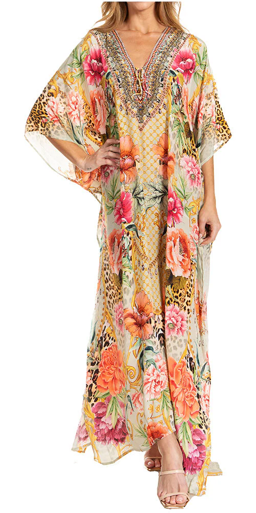 Sakkas Georgettina 2025 Flowy Rhinestone V Neck Long Caftan Dress / Cover Up - Image 129