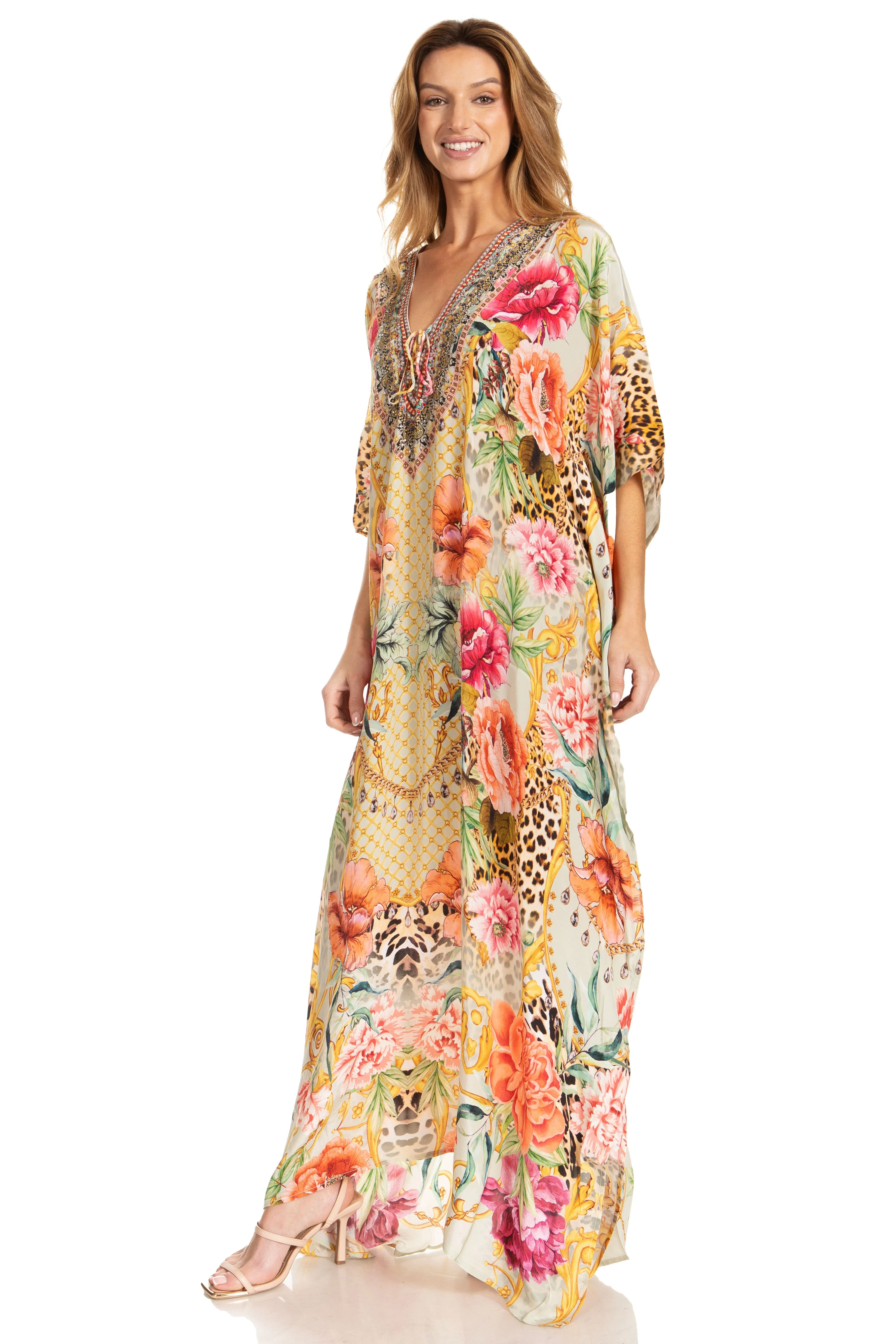 Sakkas Georgettina 2025 Flowy Rhinestone V Neck Long Caftan Dress / Cover Up - Image 131