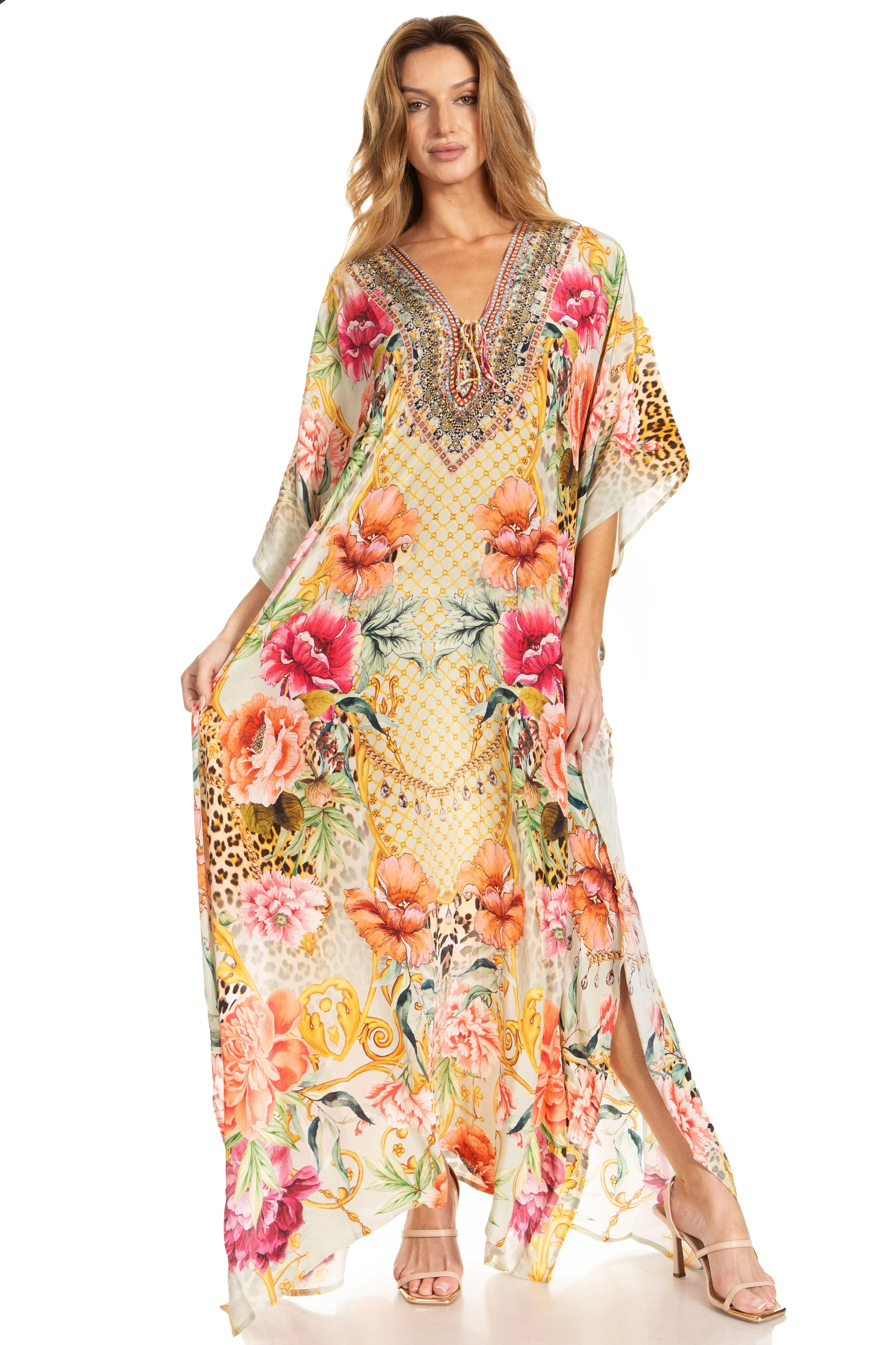 Sakkas Georgettina 2025 Flowy Rhinestone V Neck Long Caftan Dress / Cover Up - Image 133