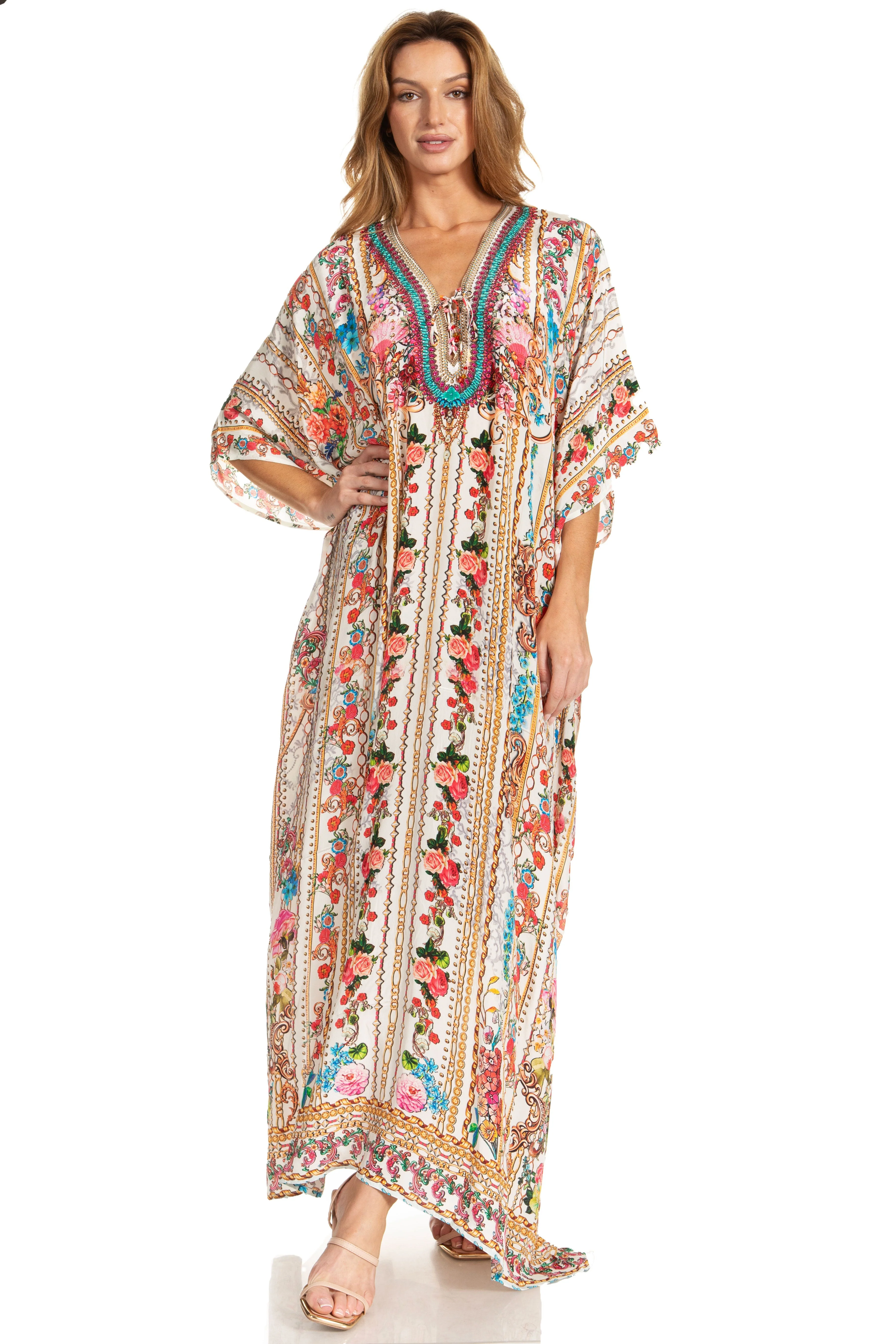 Sakkas Georgettina 2025 Flowy Rhinestone V Neck Long Caftan Dress / Cover Up - Image 143