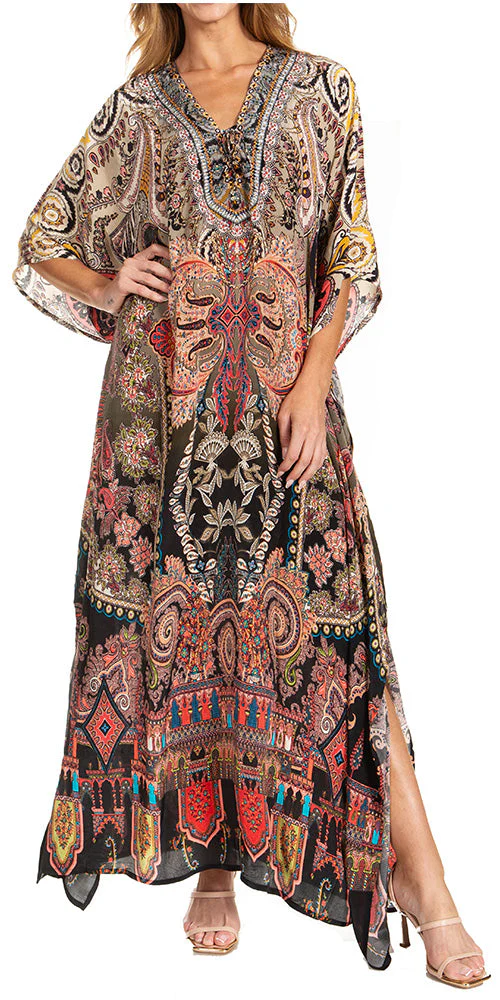 Sakkas Georgettina 2025 Flowy Rhinestone V Neck Long Caftan Dress / Cover Up - Image 144