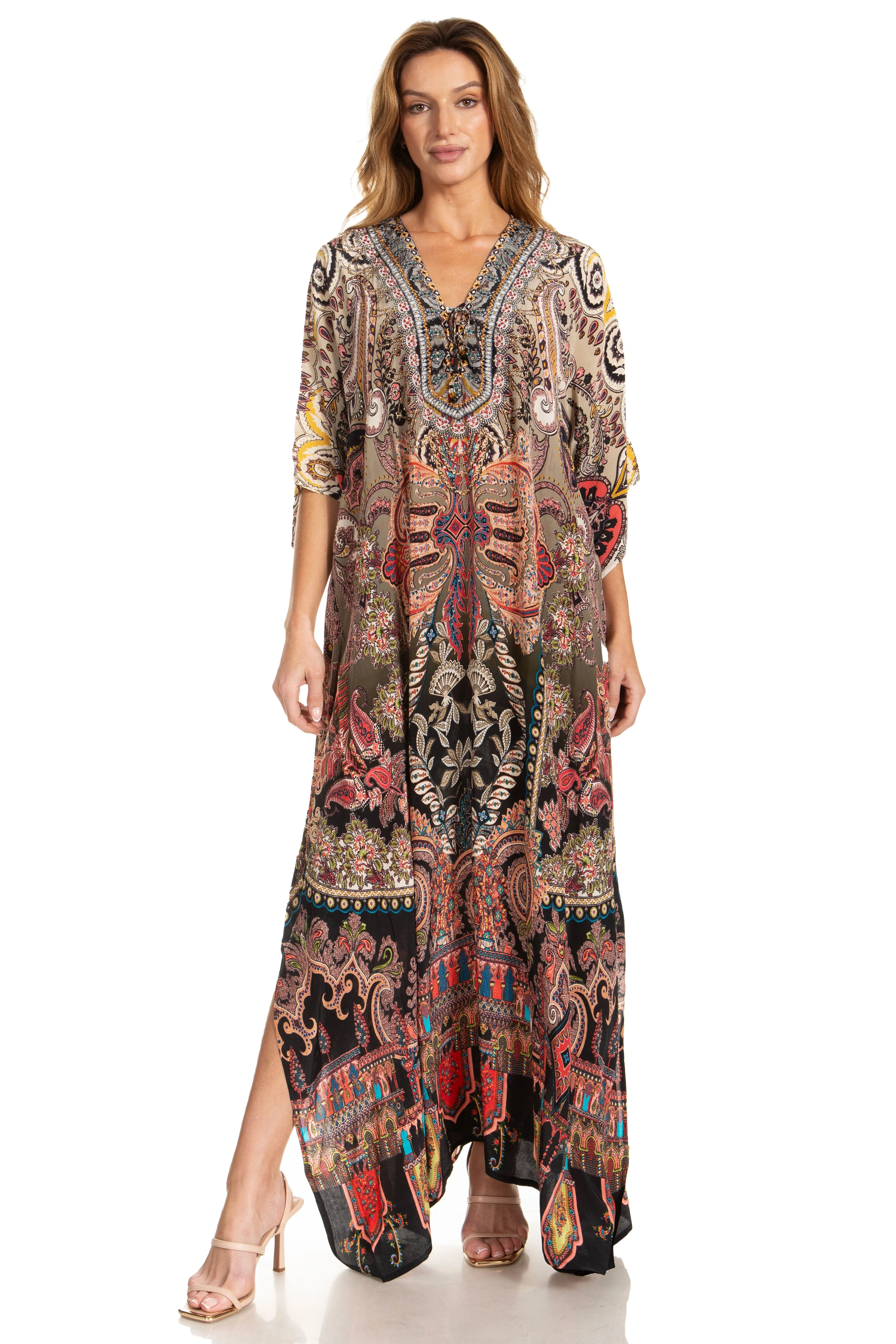 Sakkas Georgettina 2025 Flowy Rhinestone V Neck Long Caftan Dress / Cover Up - Image 149
