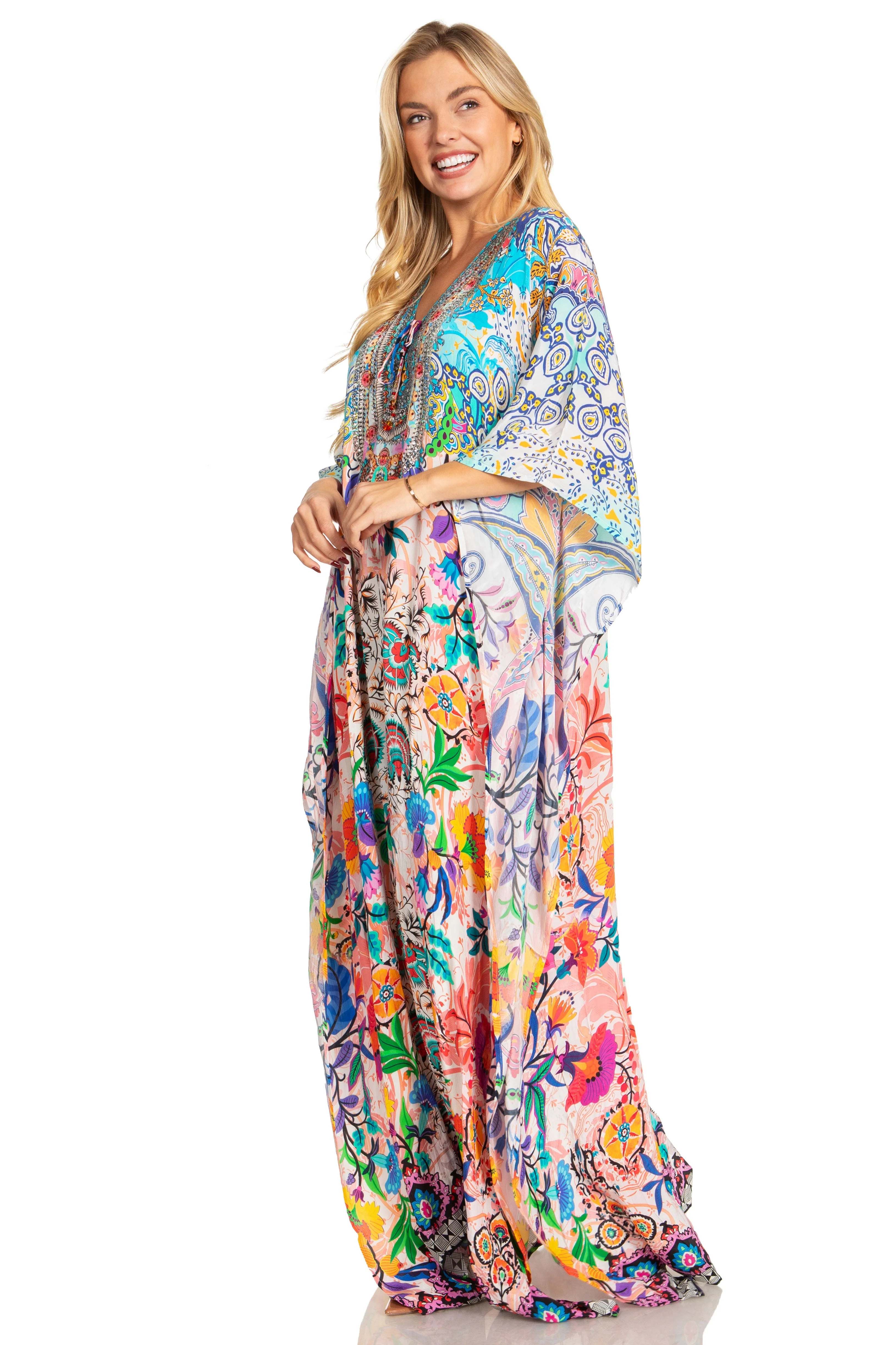 Sakkas Georgettina 2025 Flowy Rhinestone V Neck Long Caftan Dress / Cover Up - Image 23