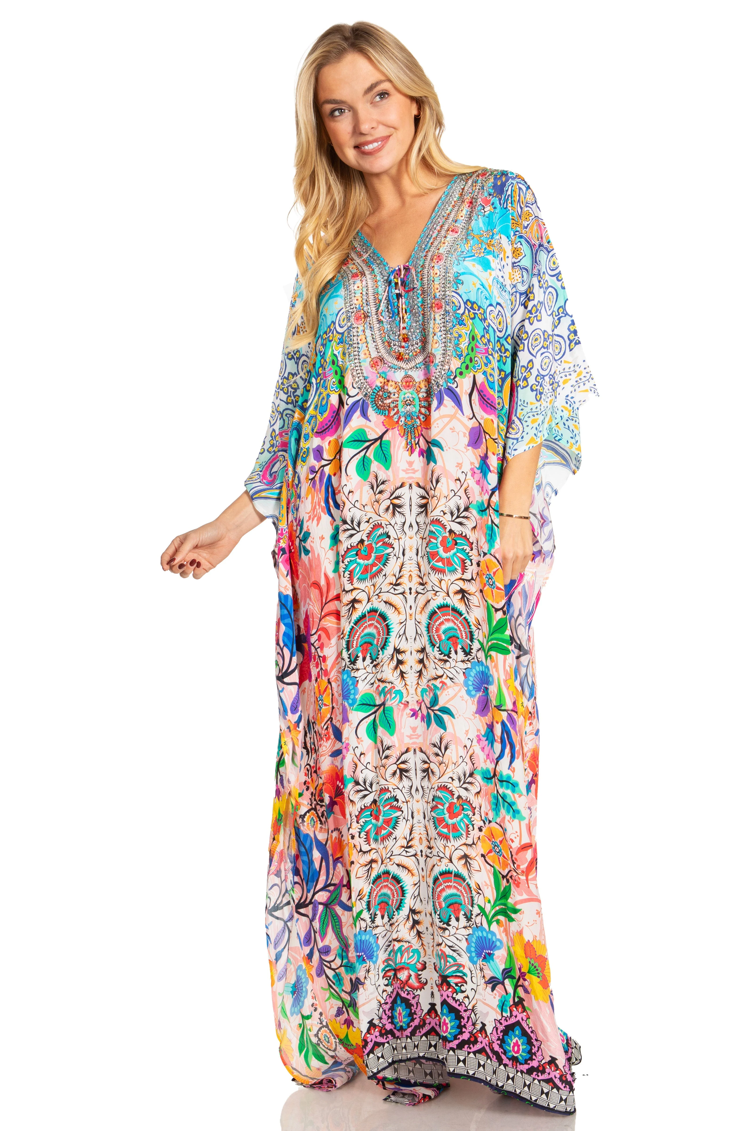 Sakkas Georgettina 2025 Flowy Rhinestone V Neck Long Caftan Dress / Cover Up - Image 25