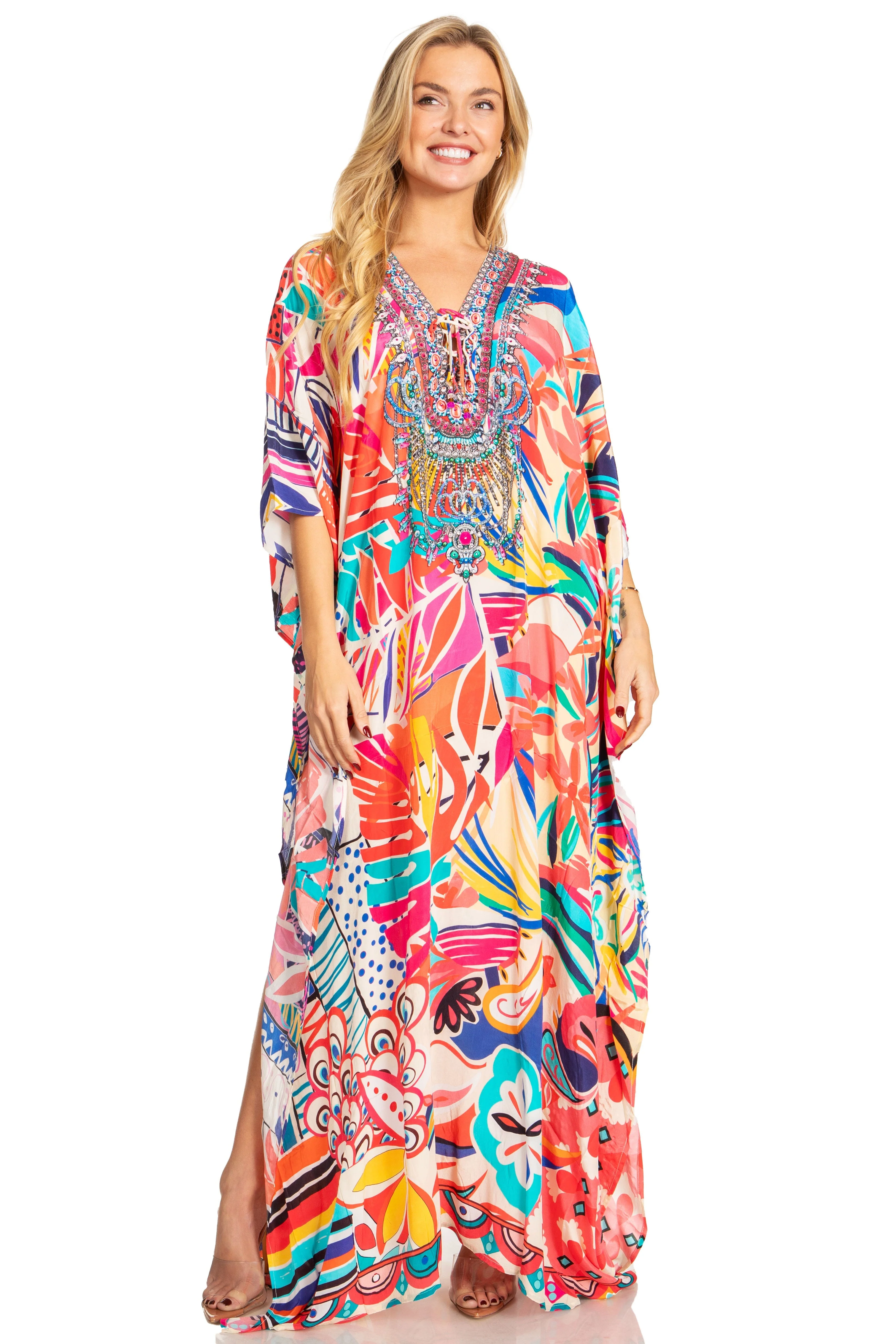 Sakkas Georgettina 2025 Flowy Rhinestone V Neck Long Caftan Dress / Cover Up - Image 30