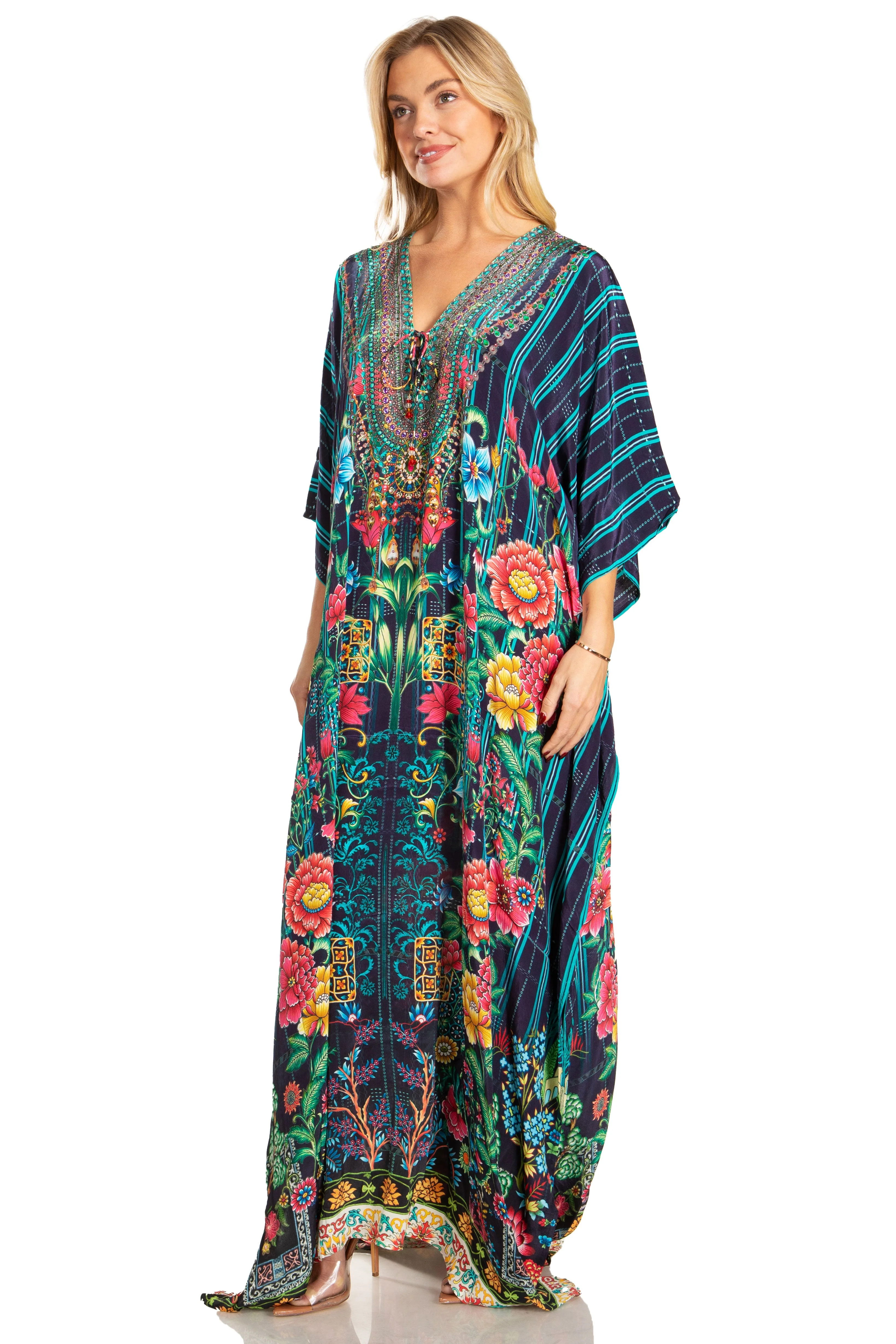 Sakkas Georgettina 2025 Flowy Rhinestone V Neck Long Caftan Dress / Cover Up - Image 33