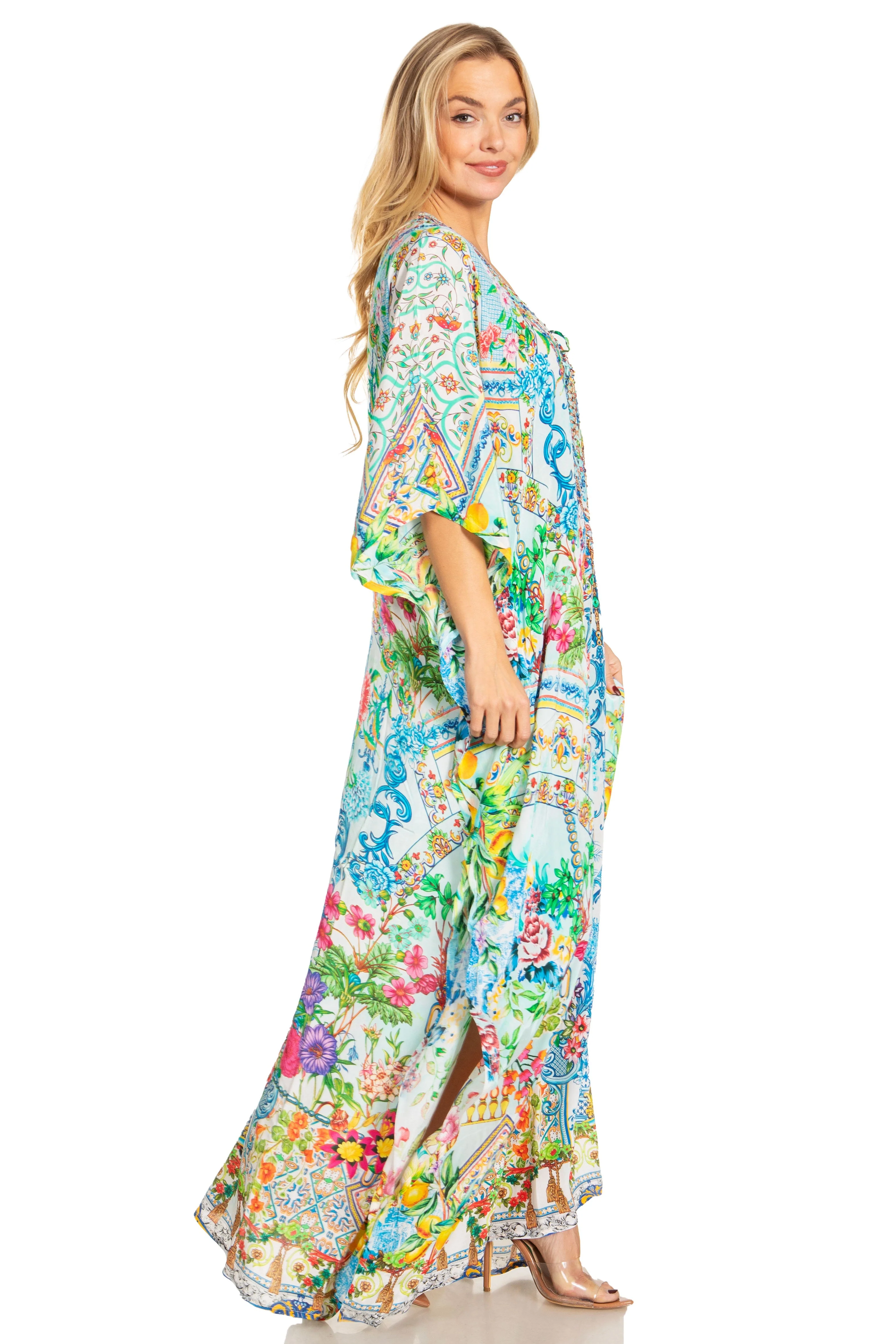 Sakkas Georgettina 2025 Flowy Rhinestone V Neck Long Caftan Dress / Cover Up - Image 4