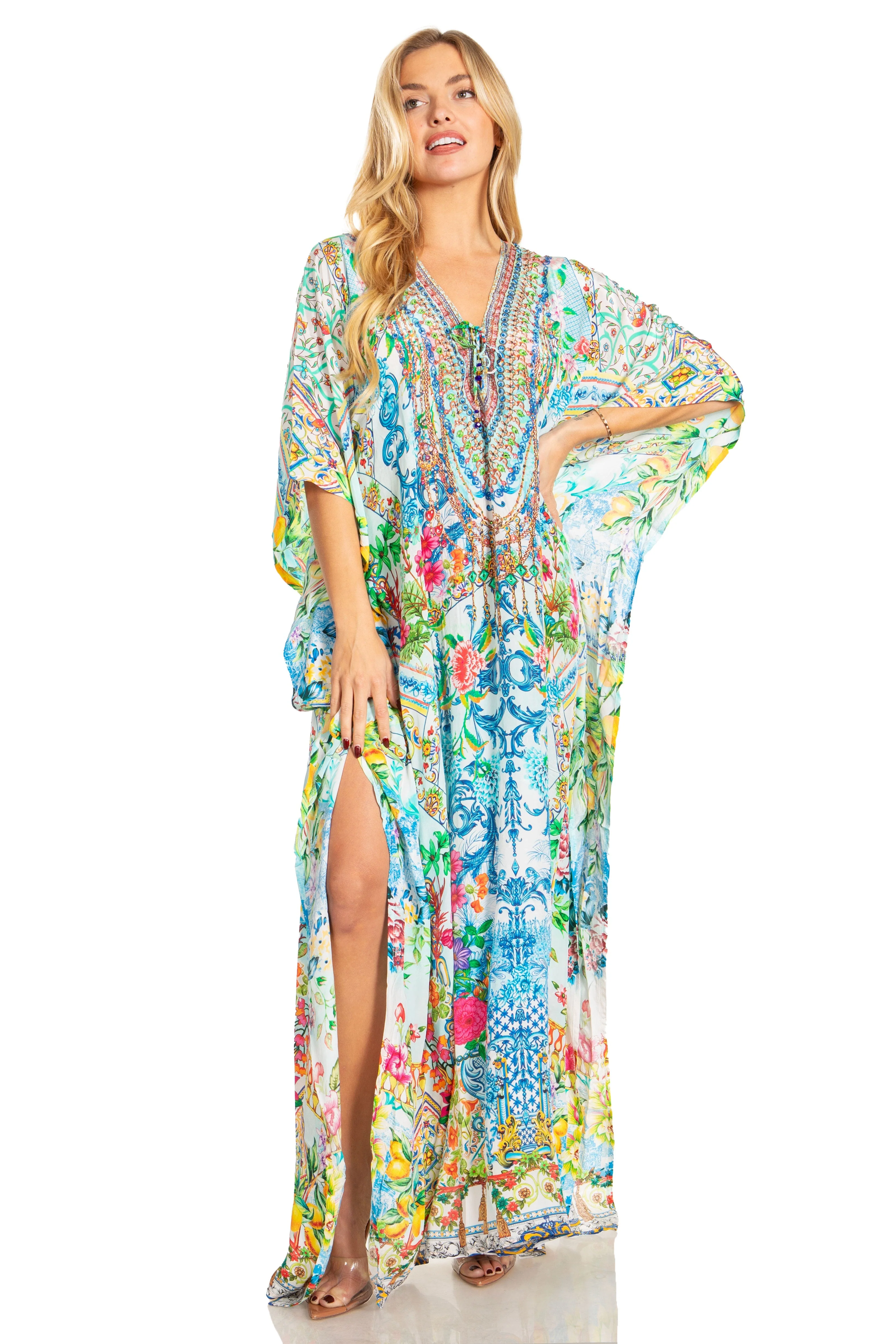 Sakkas Georgettina 2025 Flowy Rhinestone V Neck Long Caftan Dress / Cover Up - Image 5