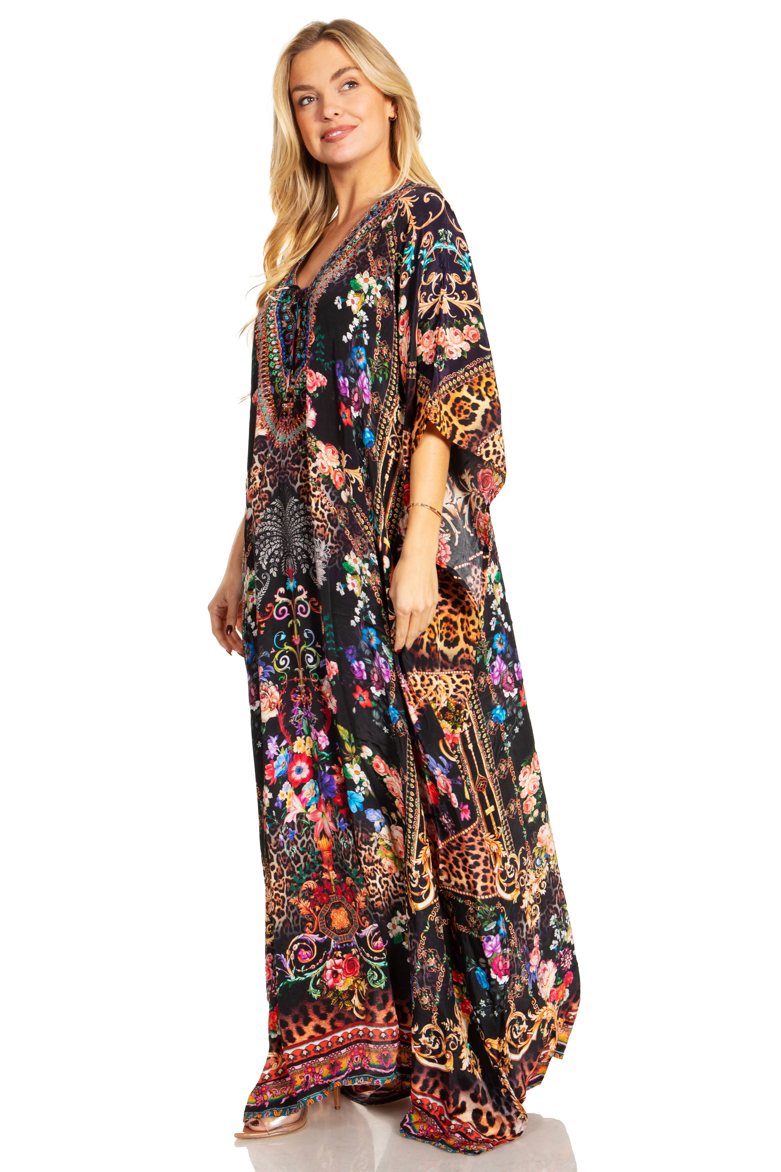 Sakkas Georgettina 2025 Flowy Rhinestone V Neck Long Caftan Dress / Cover Up - Image 52