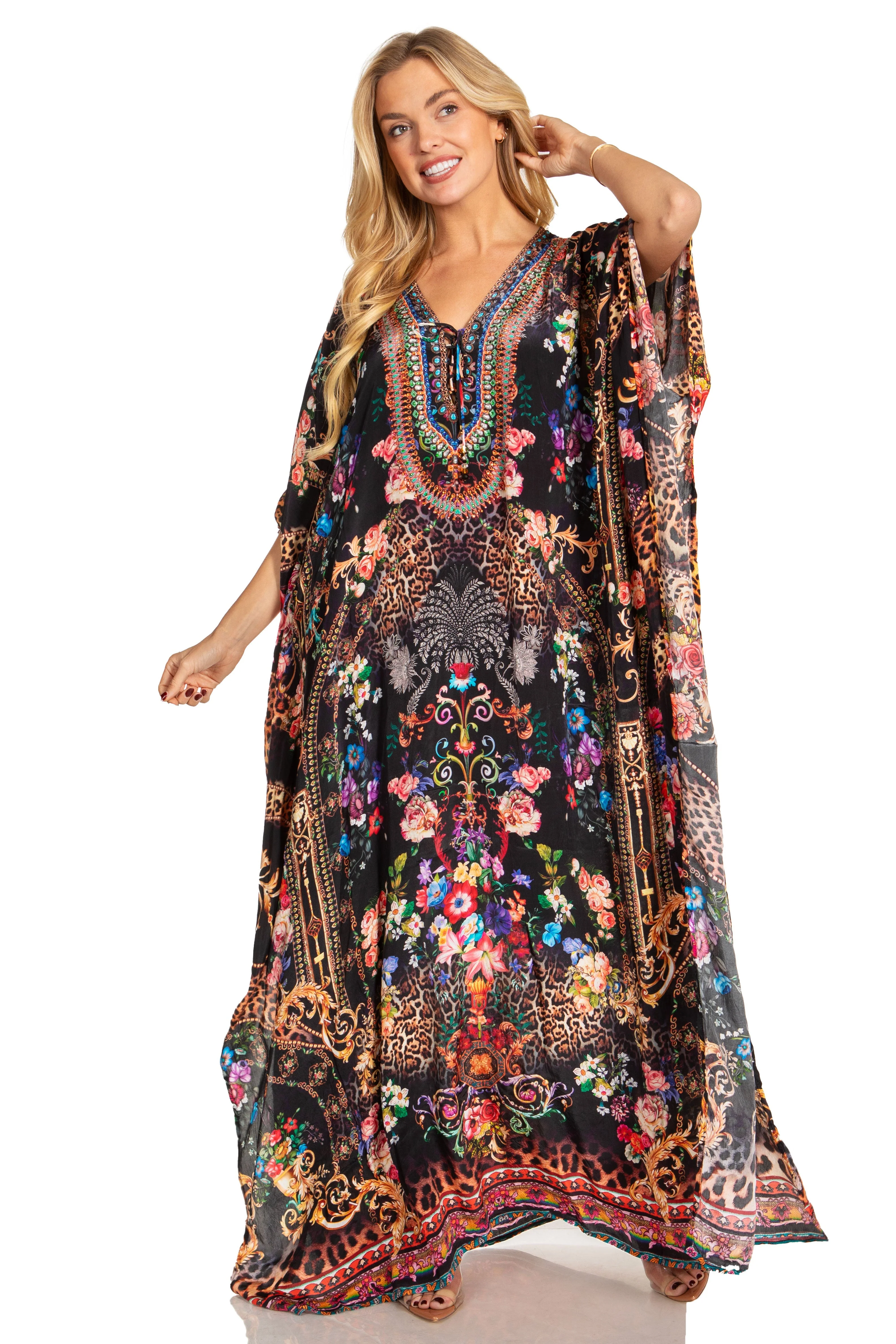 Sakkas Georgettina 2025 Flowy Rhinestone V Neck Long Caftan Dress / Cover Up - Image 54