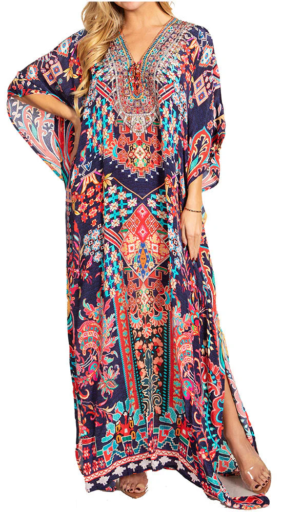Sakkas Georgettina 2025 Flowy Rhinestone V Neck Long Caftan Dress / Cover Up - Image 6