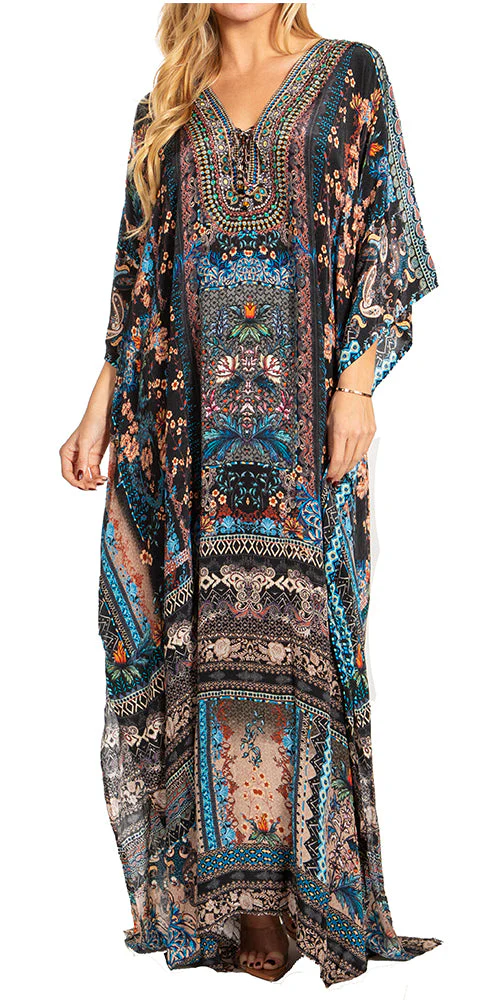 Sakkas Georgettina 2025 Flowy Rhinestone V Neck Long Caftan Dress / Cover Up - Image 65