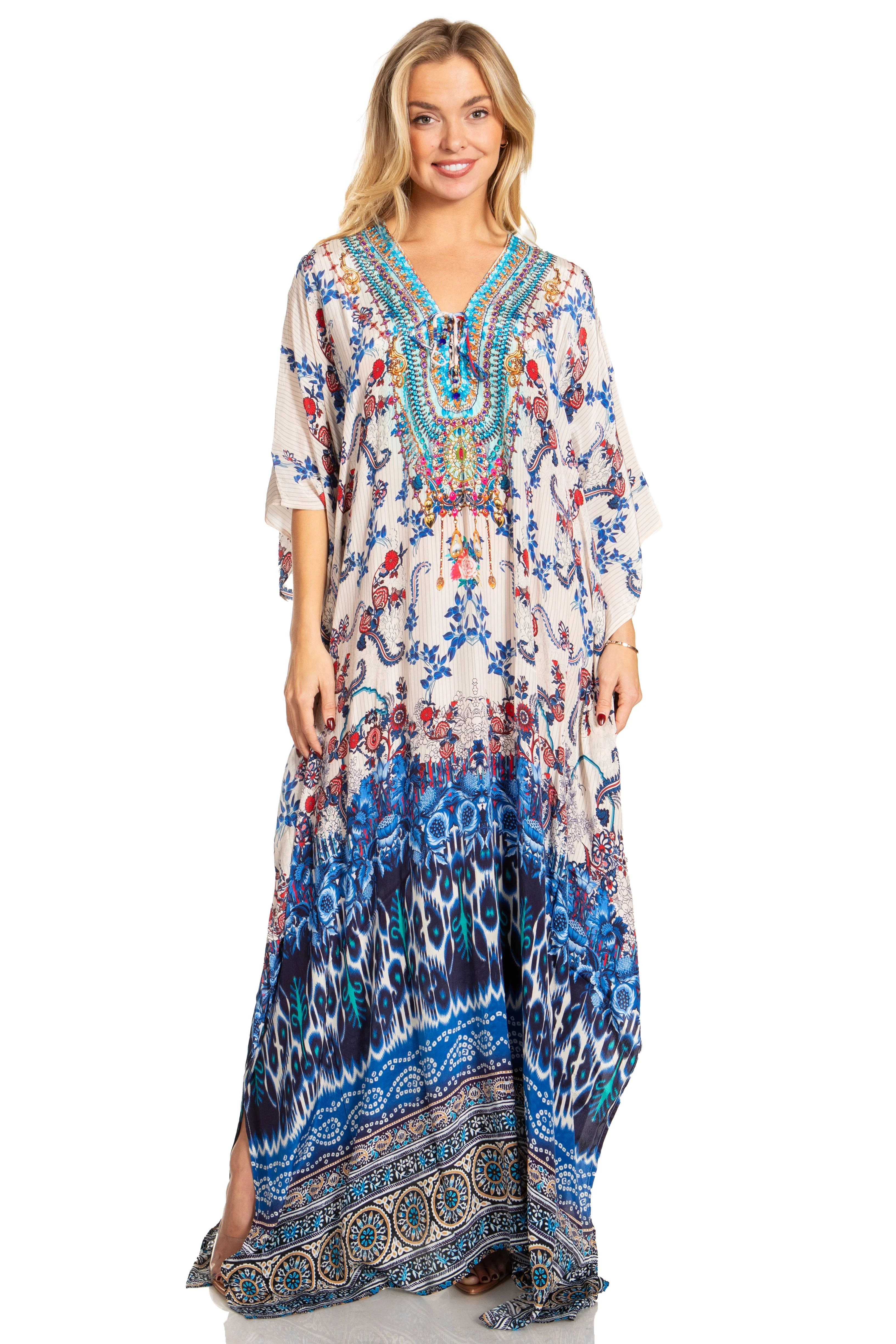 Sakkas Georgettina 2025 Flowy Rhinestone V Neck Long Caftan Dress / Cover Up - Image 79