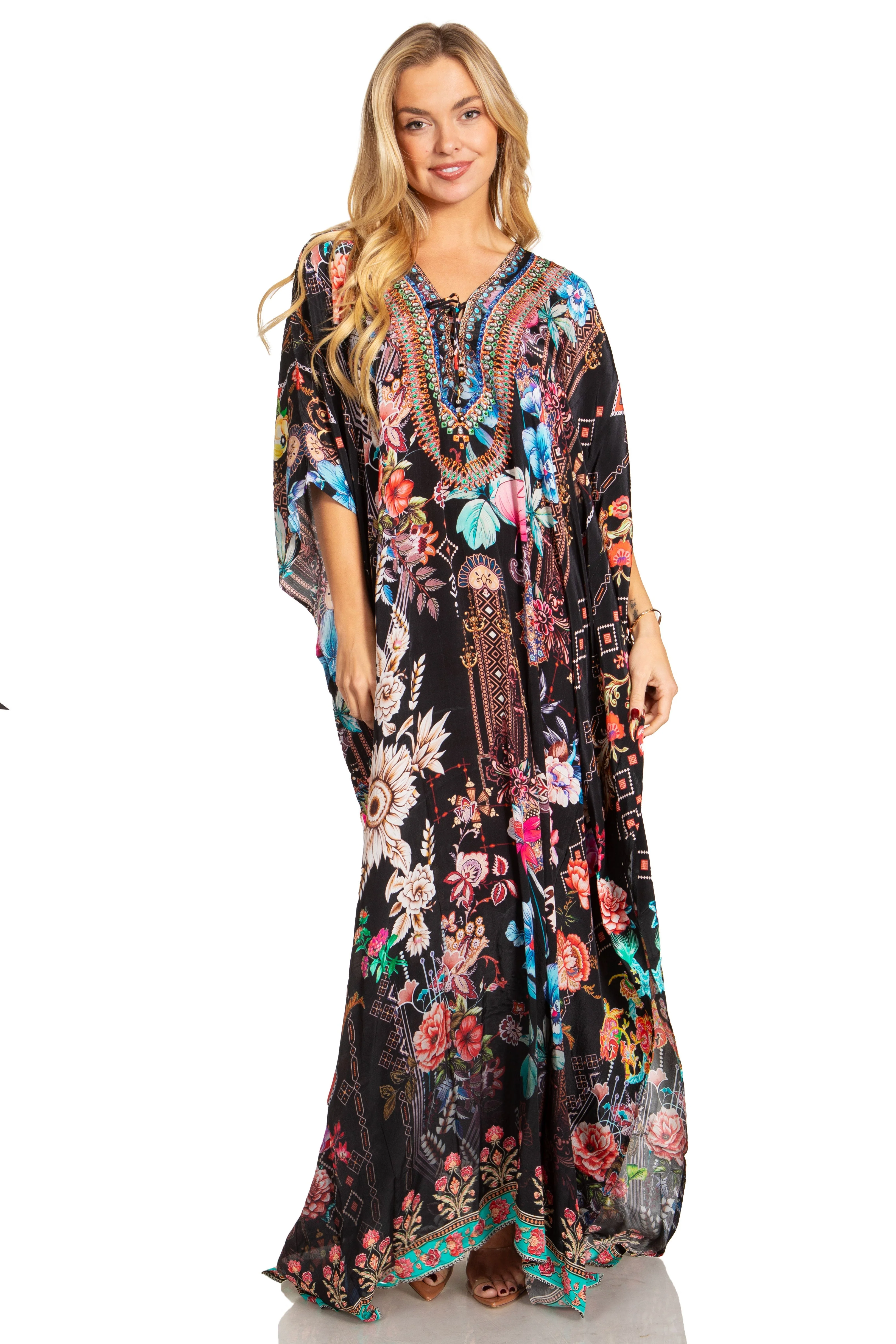 Sakkas Georgettina 2025 Flowy Rhinestone V Neck Long Caftan Dress / Cover Up - Image 98
