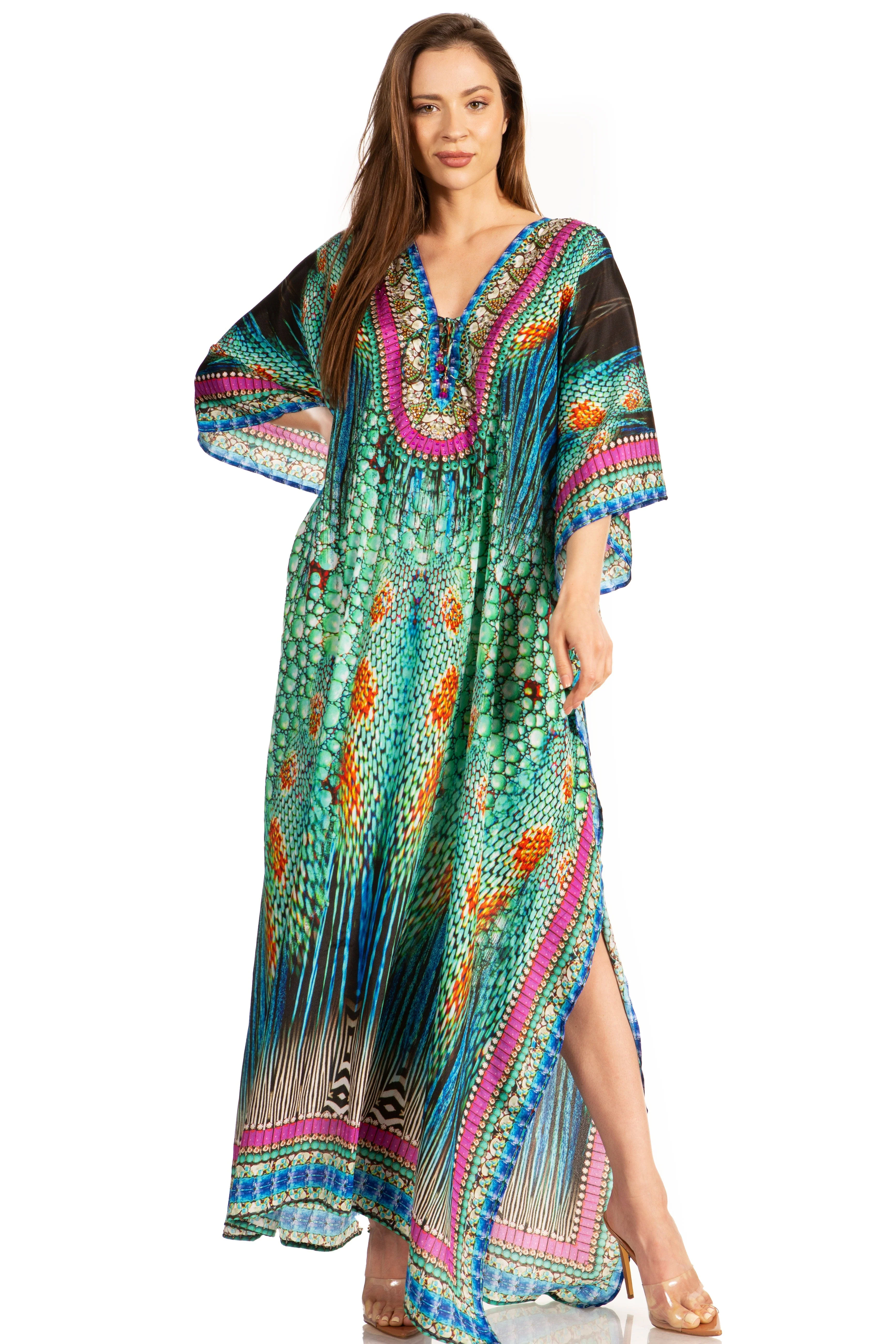 Sakkas Georgettina Flowy Rhinestone V Neck Long Caftan Dress/Cover Up - Image 104
