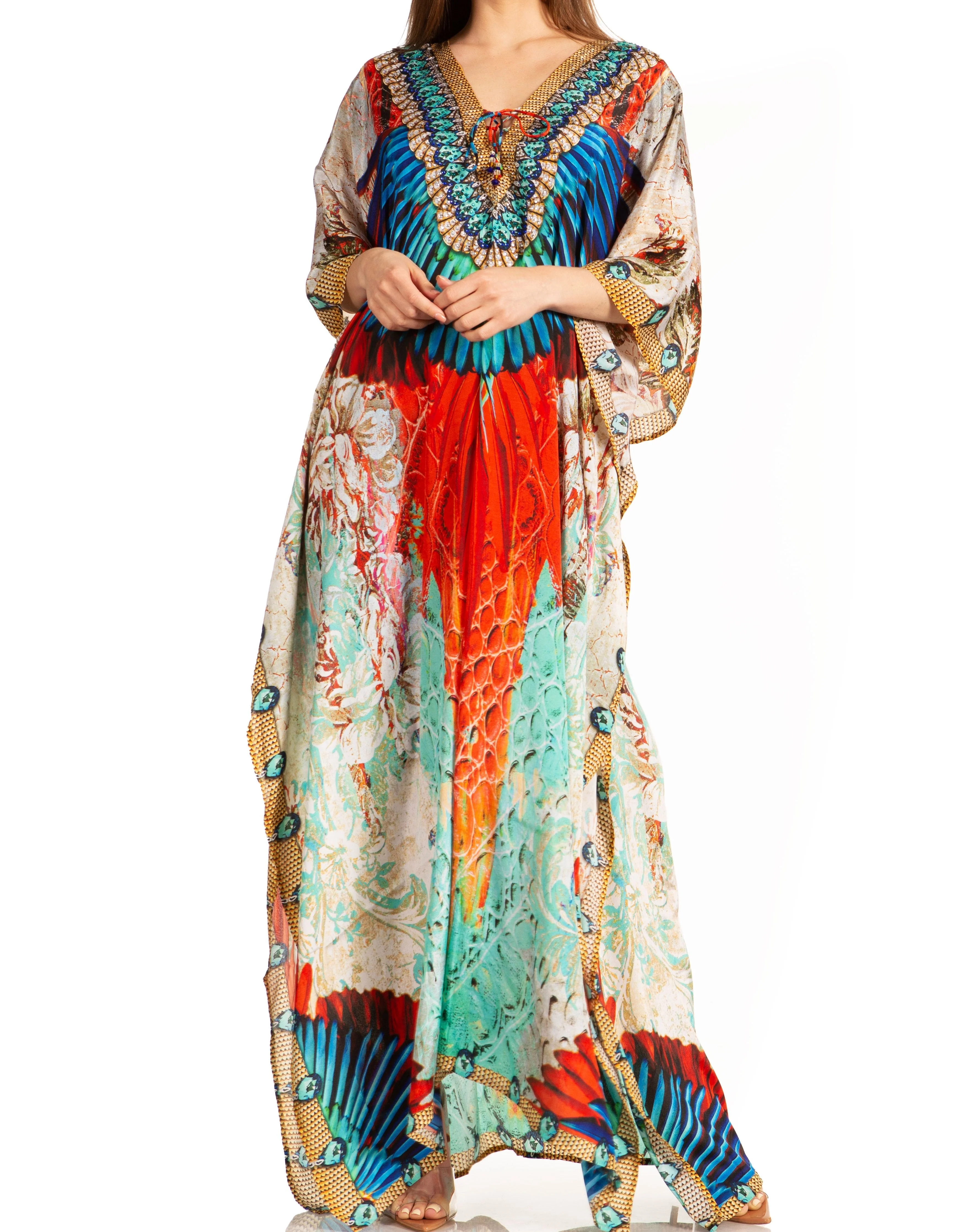 Sakkas Georgettina Flowy Rhinestone V Neck Long Caftan Dress/Cover Up - Image 105