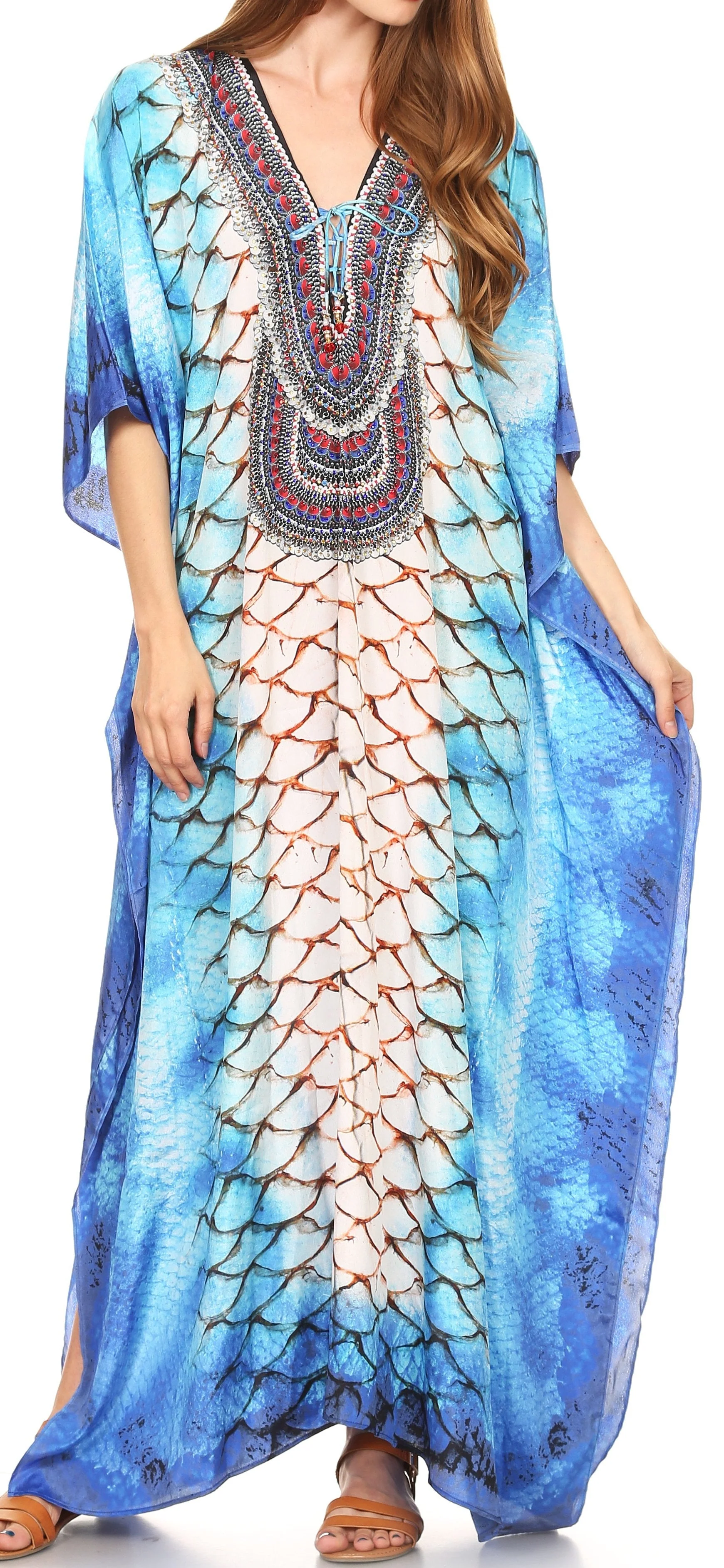 Sakkas Georgettina Flowy Rhinestone V Neck Long Caftan Dress/Cover Up - Image 110