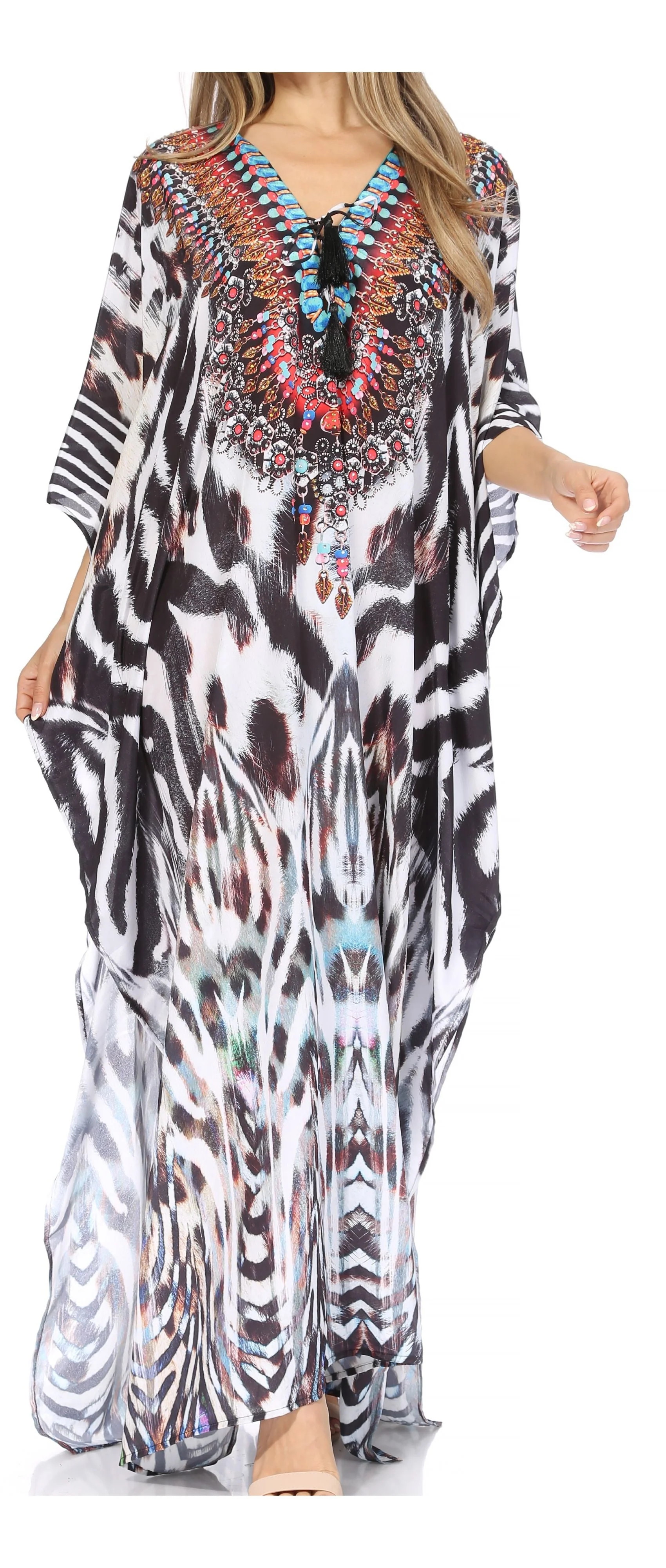 Sakkas Georgettina Flowy Rhinestone V Neck Long Caftan Dress/Cover Up - Image 111