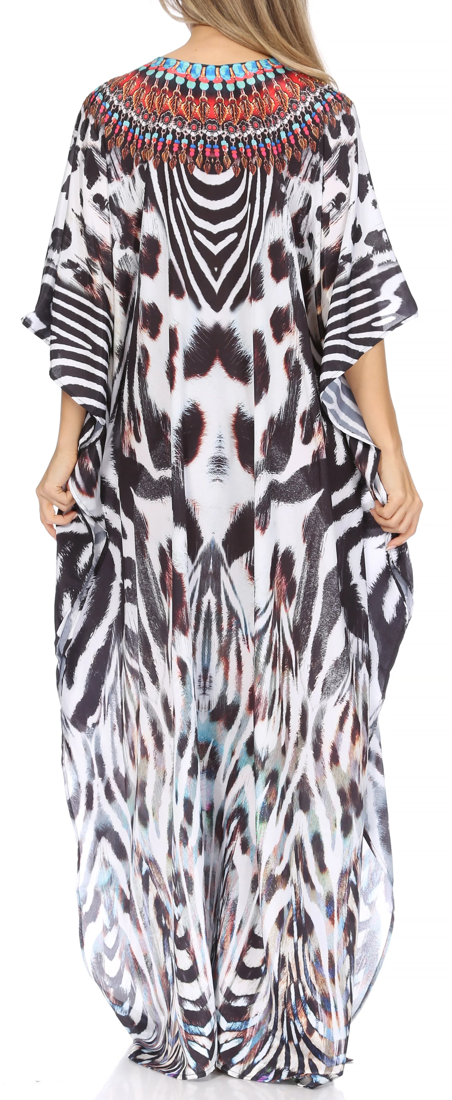 Sakkas Georgettina Flowy Rhinestone V Neck Long Caftan Dress/Cover Up - Image 112