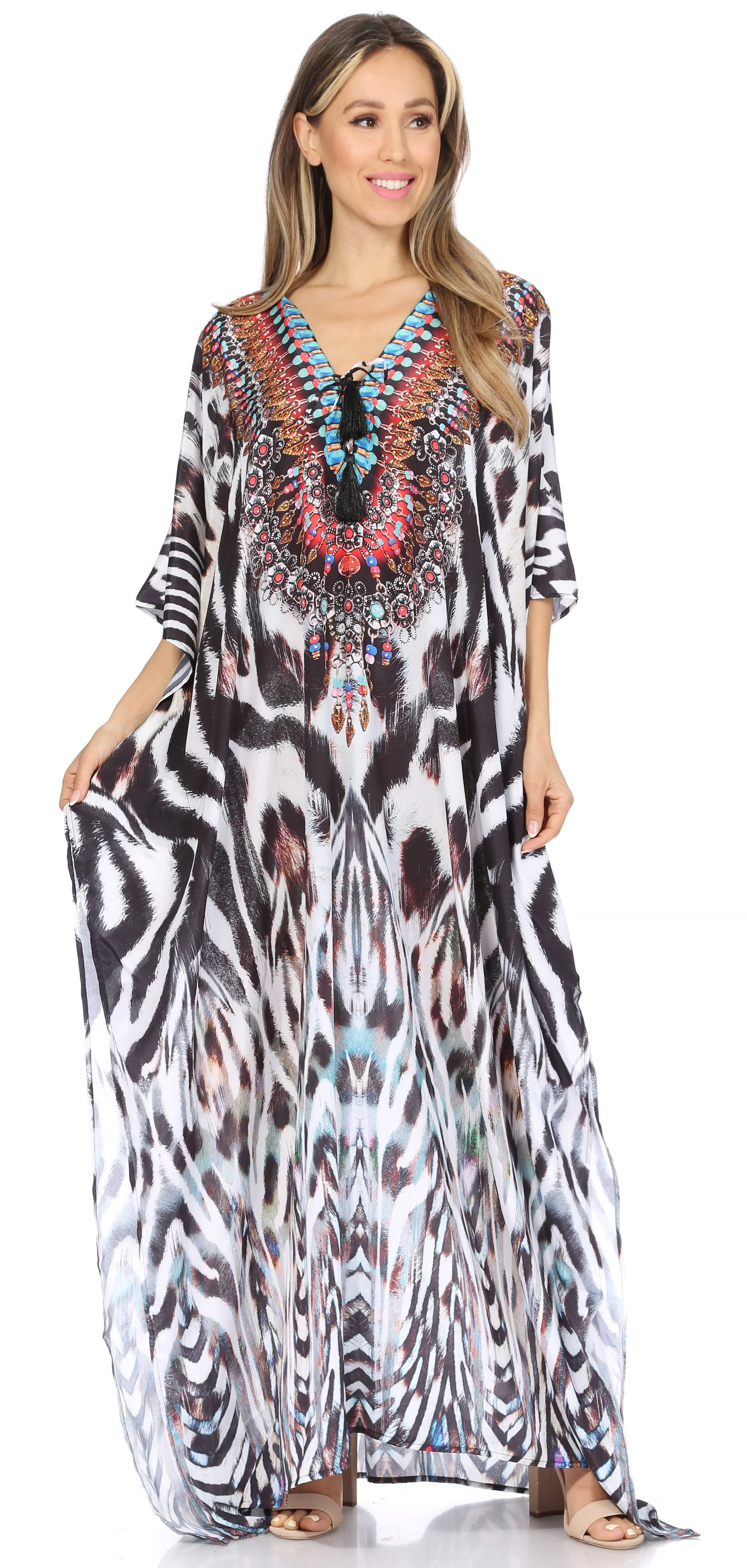 Sakkas Georgettina Flowy Rhinestone V Neck Long Caftan Dress/Cover Up - Image 113