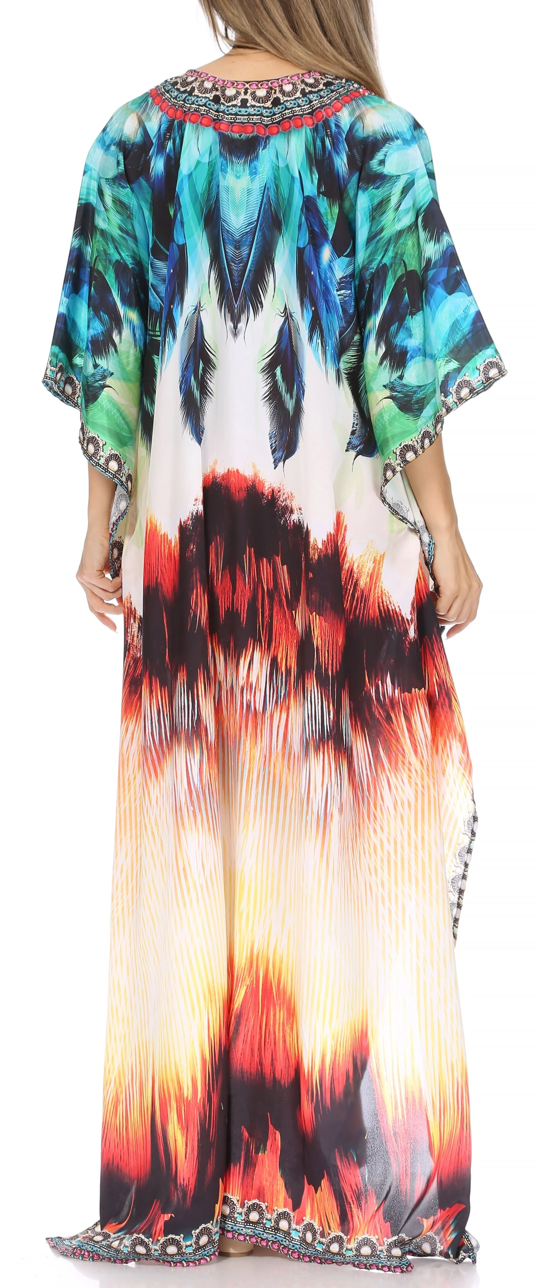Sakkas Georgettina Flowy Rhinestone V Neck Long Caftan Dress/Cover Up - Image 115