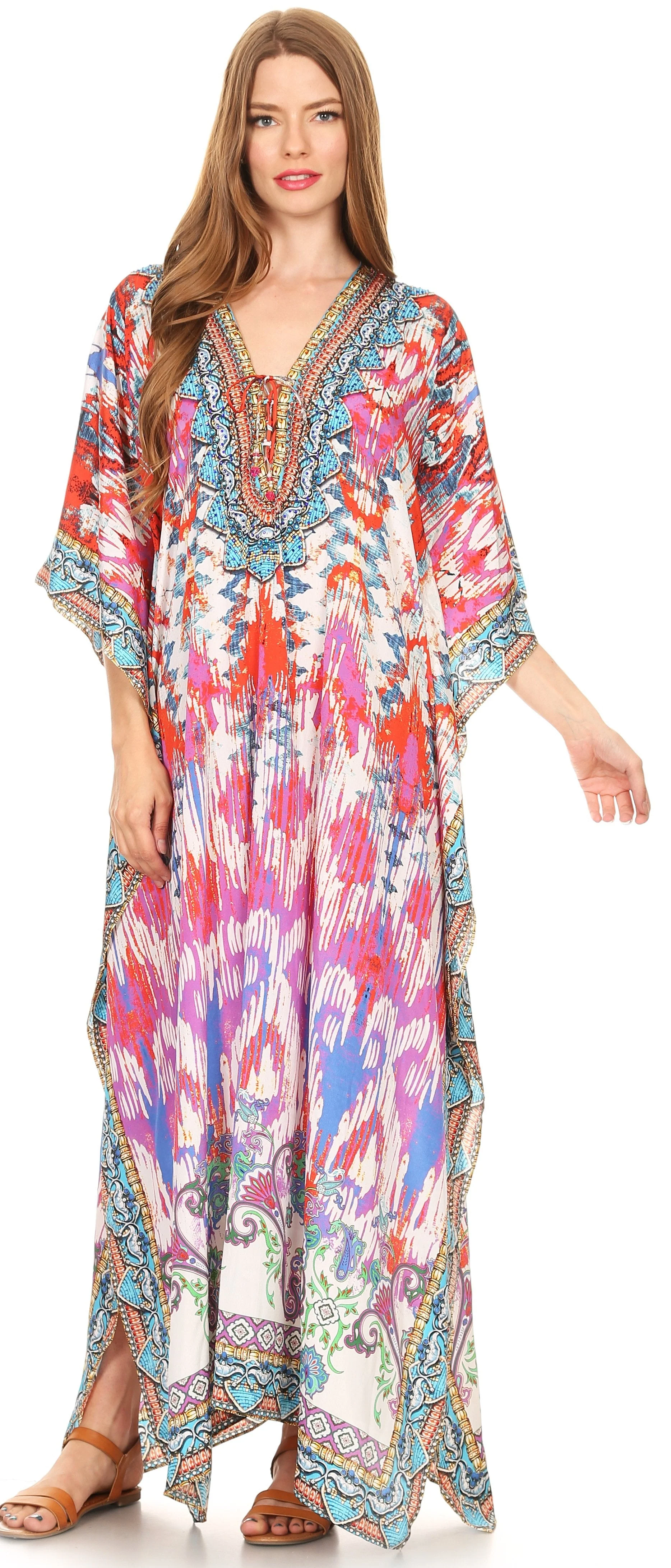 Sakkas Georgettina Flowy Rhinestone V Neck Long Caftan Dress/Cover Up - Image 119