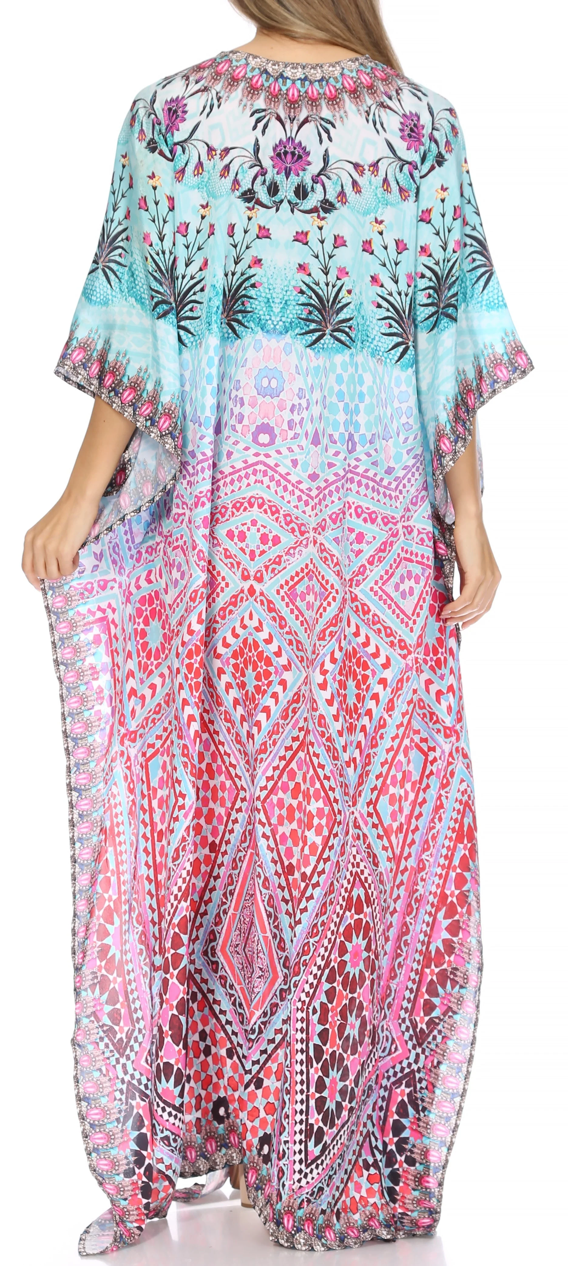 Sakkas Georgettina Flowy Rhinestone V Neck Long Caftan Dress/Cover Up - Image 124