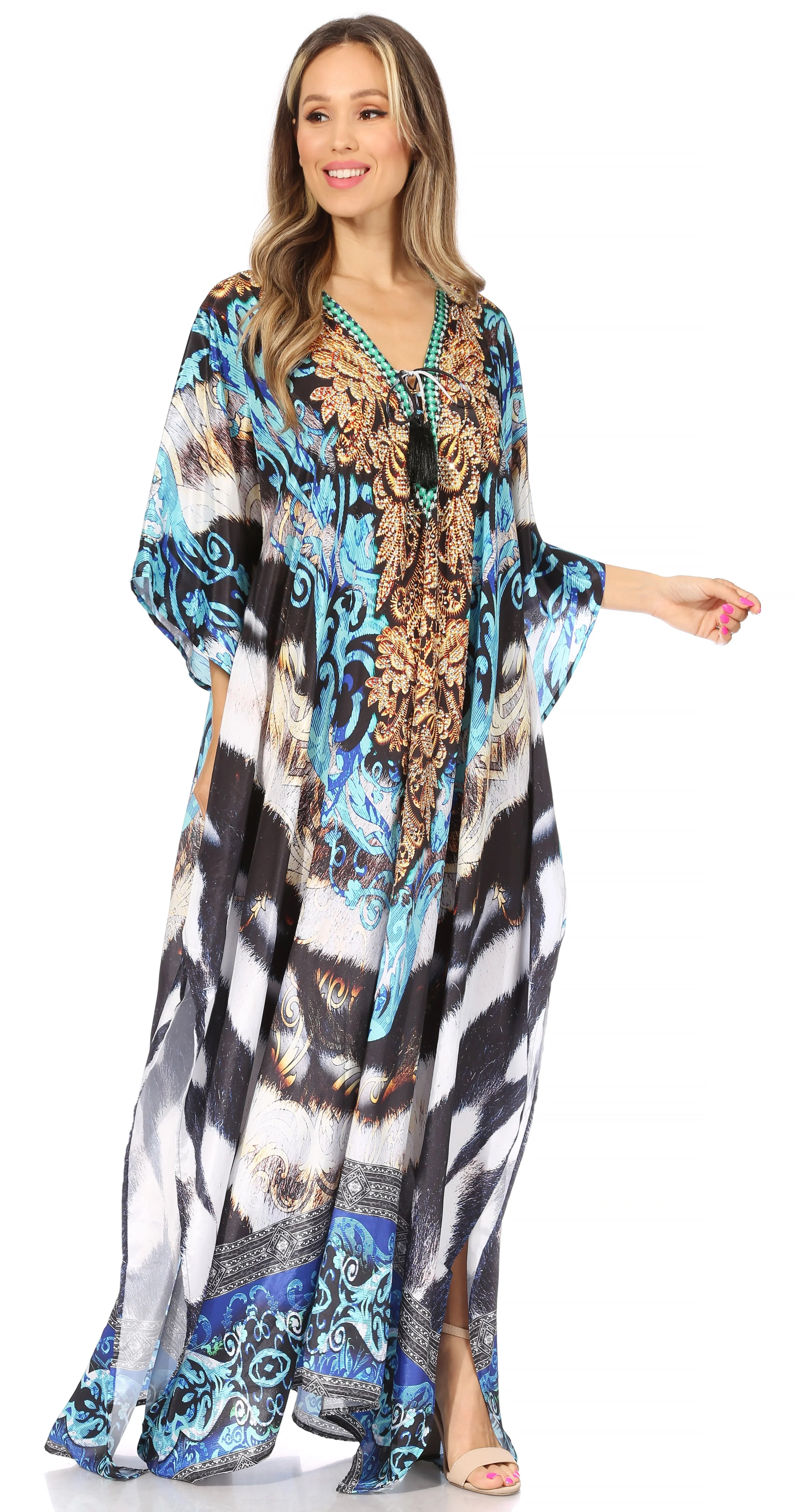 Sakkas Georgettina Flowy Rhinestone V Neck Long Caftan Dress/Cover Up - Image 128