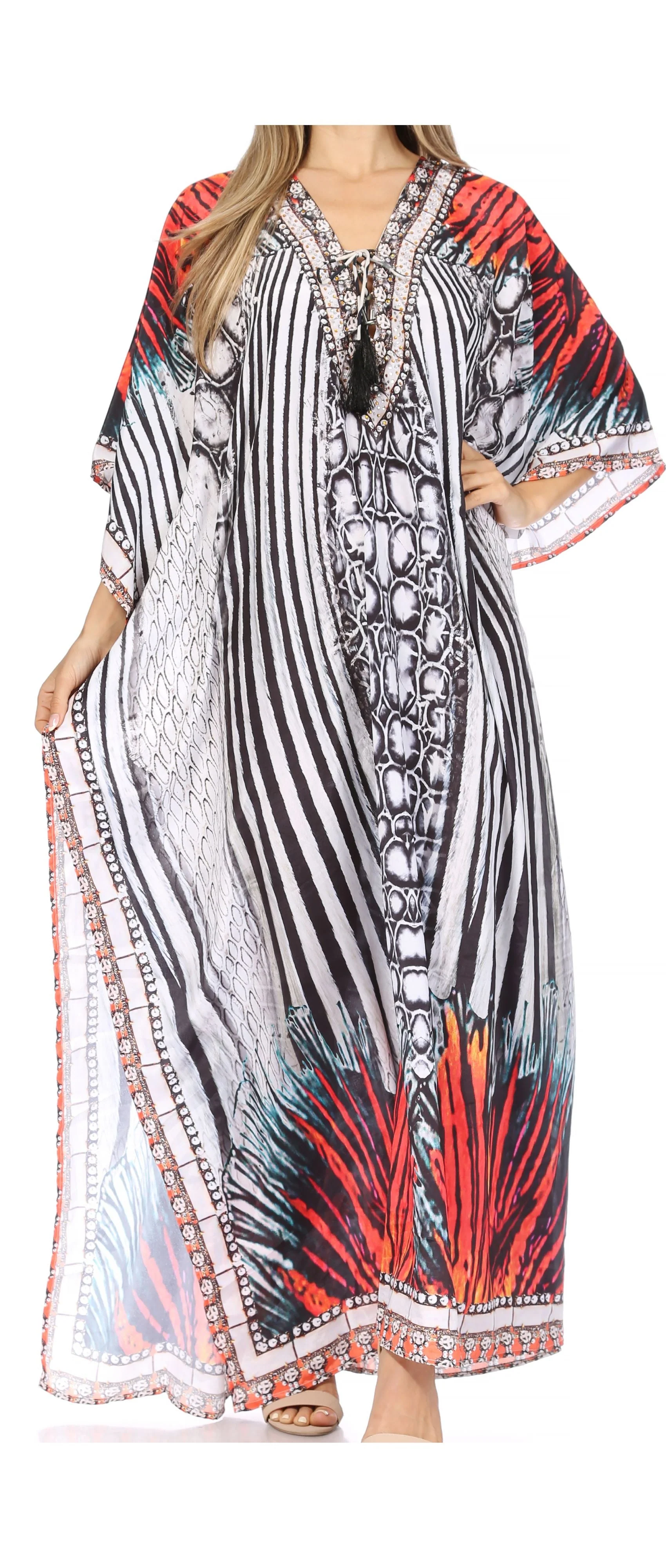 Sakkas Georgettina Flowy Rhinestone V Neck Long Caftan Dress/Cover Up - Image 129