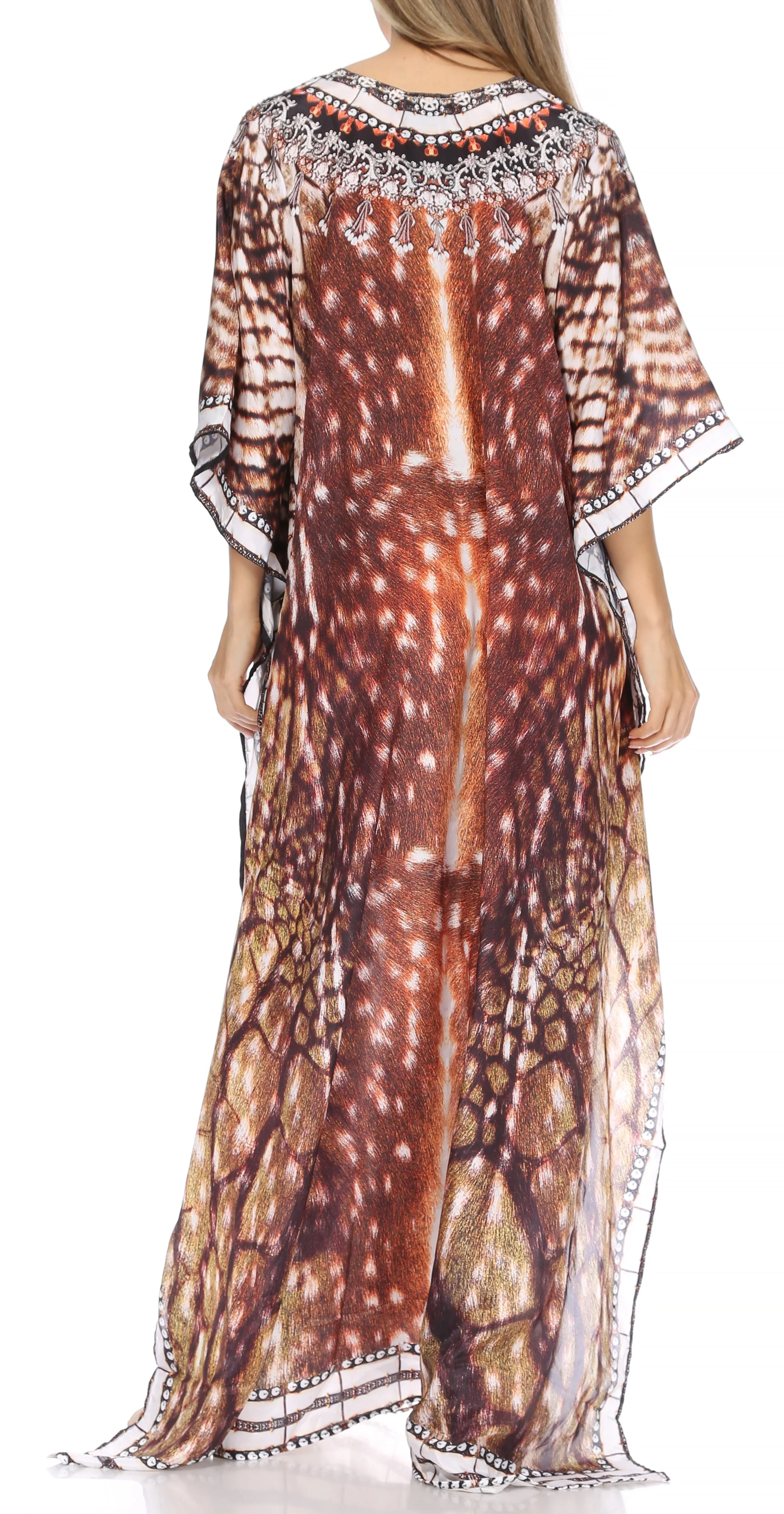 Sakkas Georgettina Flowy Rhinestone V Neck Long Caftan Dress/Cover Up - Image 136