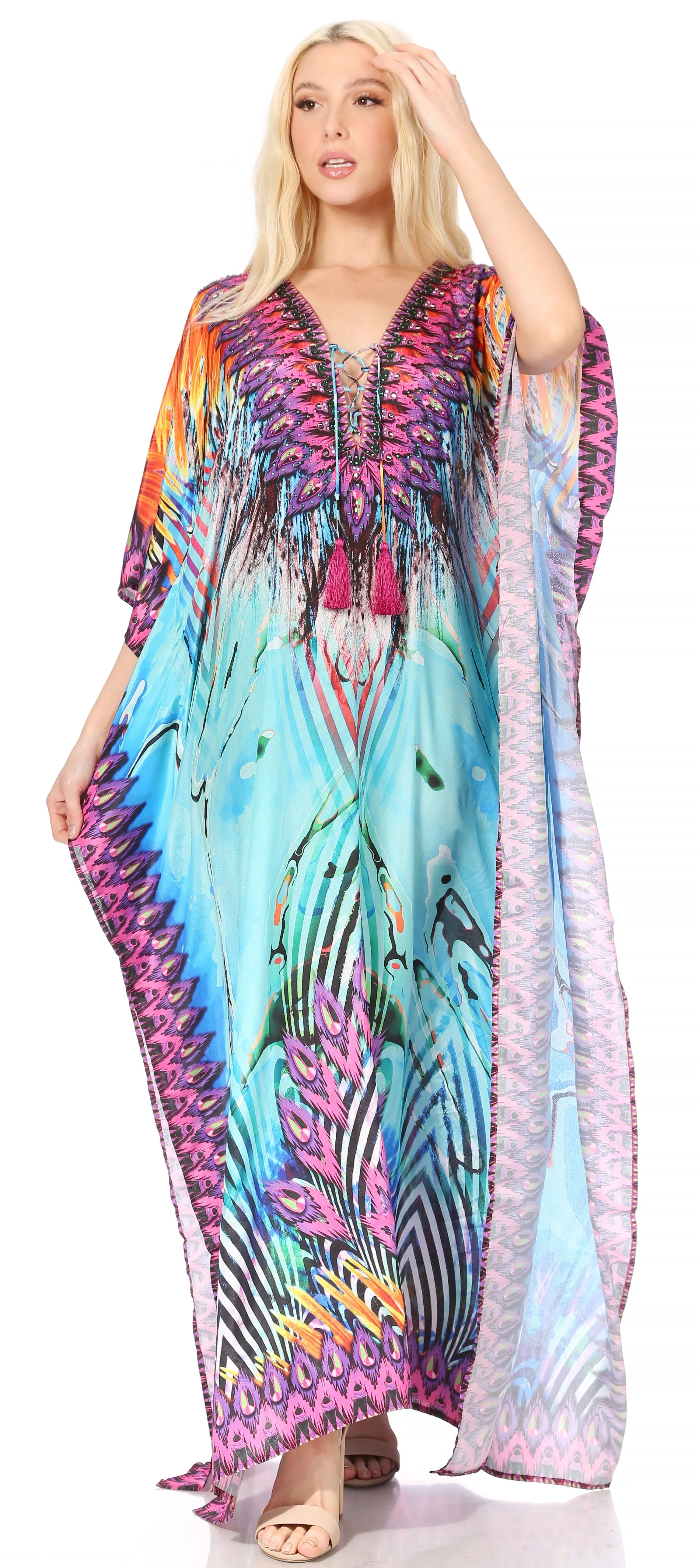 Sakkas Georgettina Flowy Rhinestone V Neck Long Caftan Dress/Cover Up - Image 14
