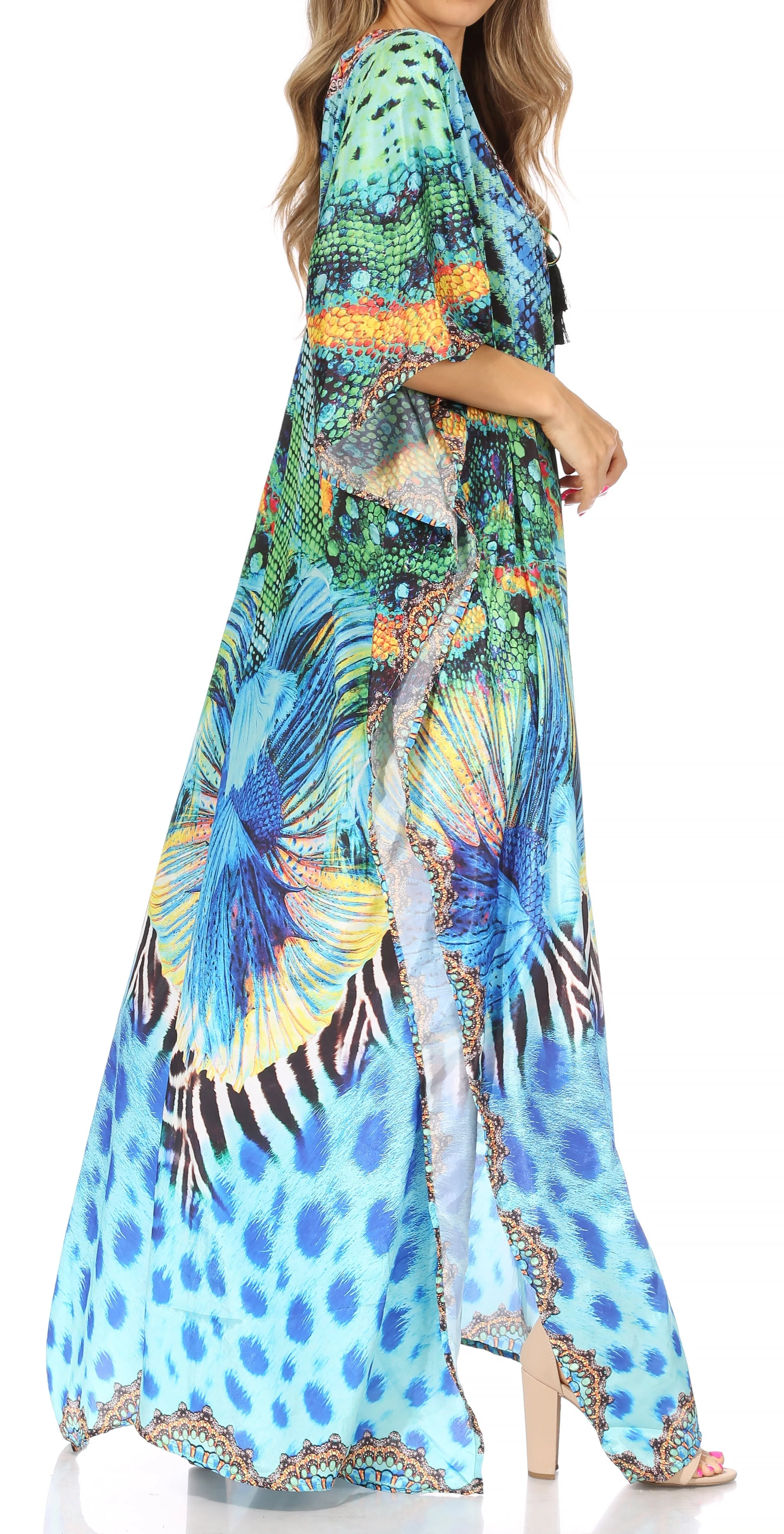 Sakkas Georgettina Flowy Rhinestone V Neck Long Caftan Dress/Cover Up - Image 140