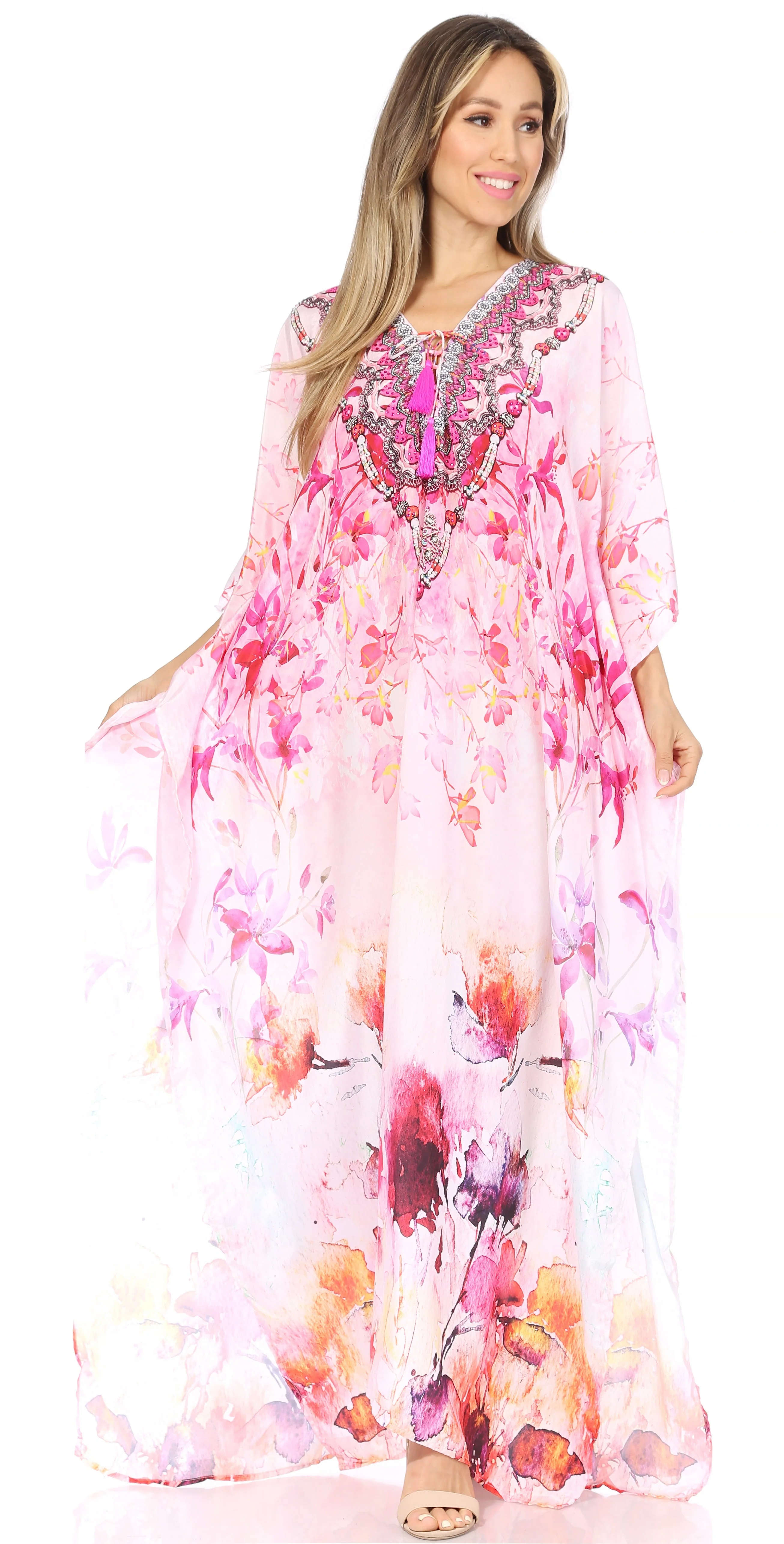 Sakkas Georgettina Flowy Rhinestone V Neck Long Caftan Dress/Cover Up - Image 146