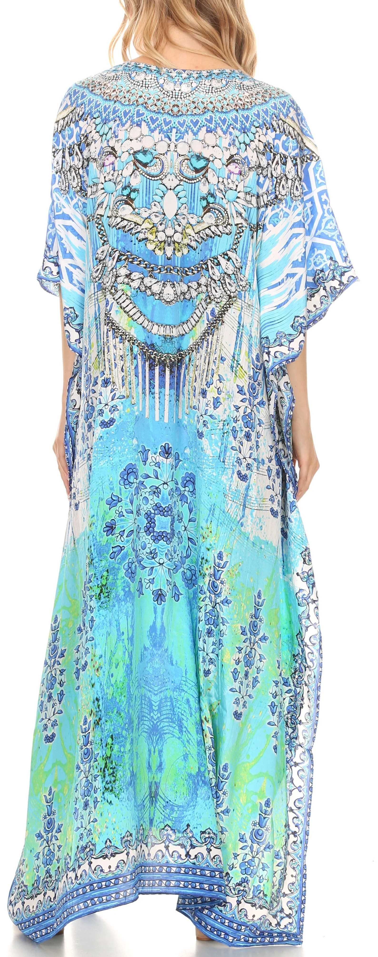 Sakkas Georgettina Flowy Rhinestone V Neck Long Caftan Dress/Cover Up - Image 148