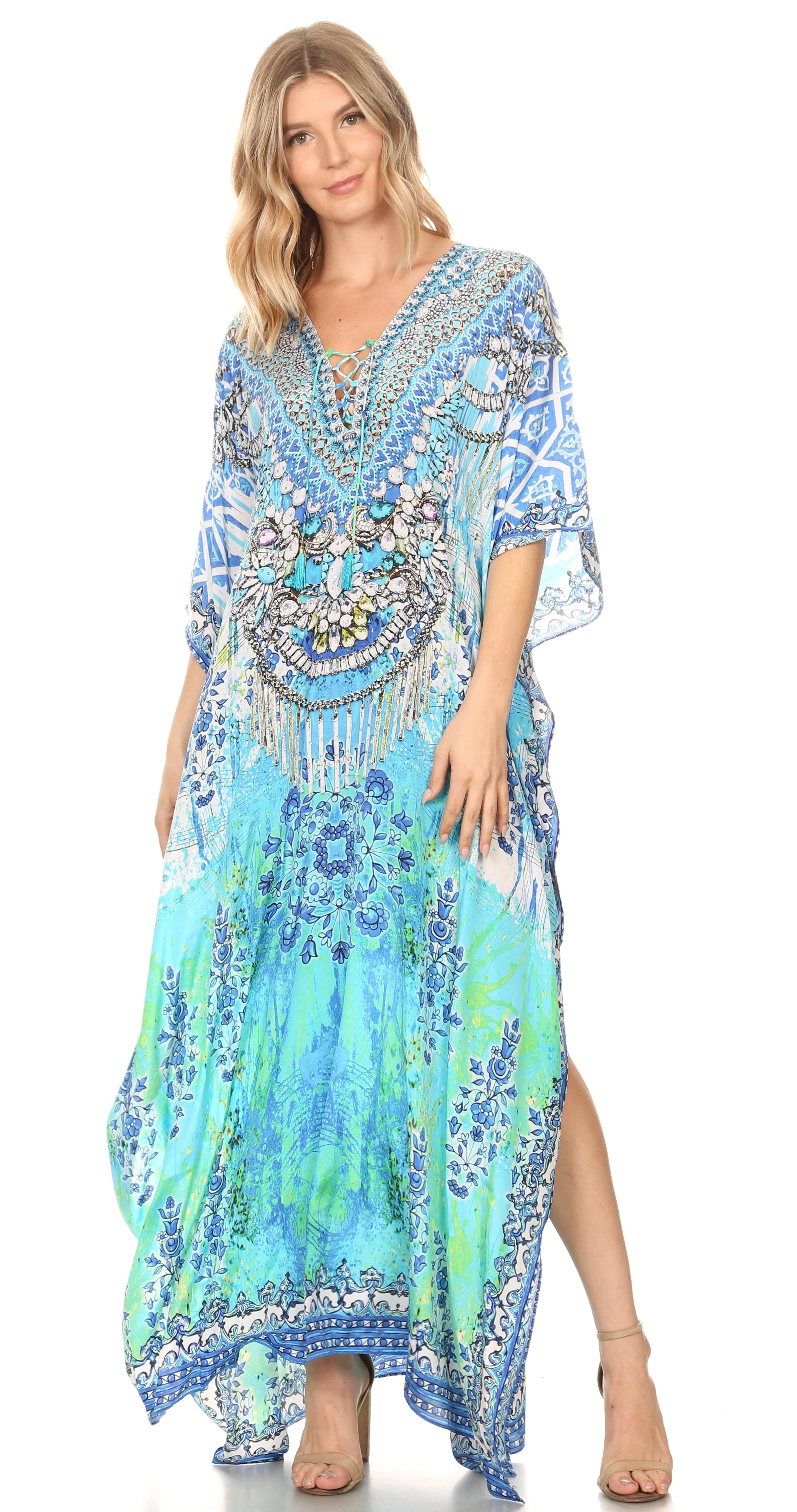 Sakkas Georgettina Flowy Rhinestone V Neck Long Caftan Dress/Cover Up - Image 149