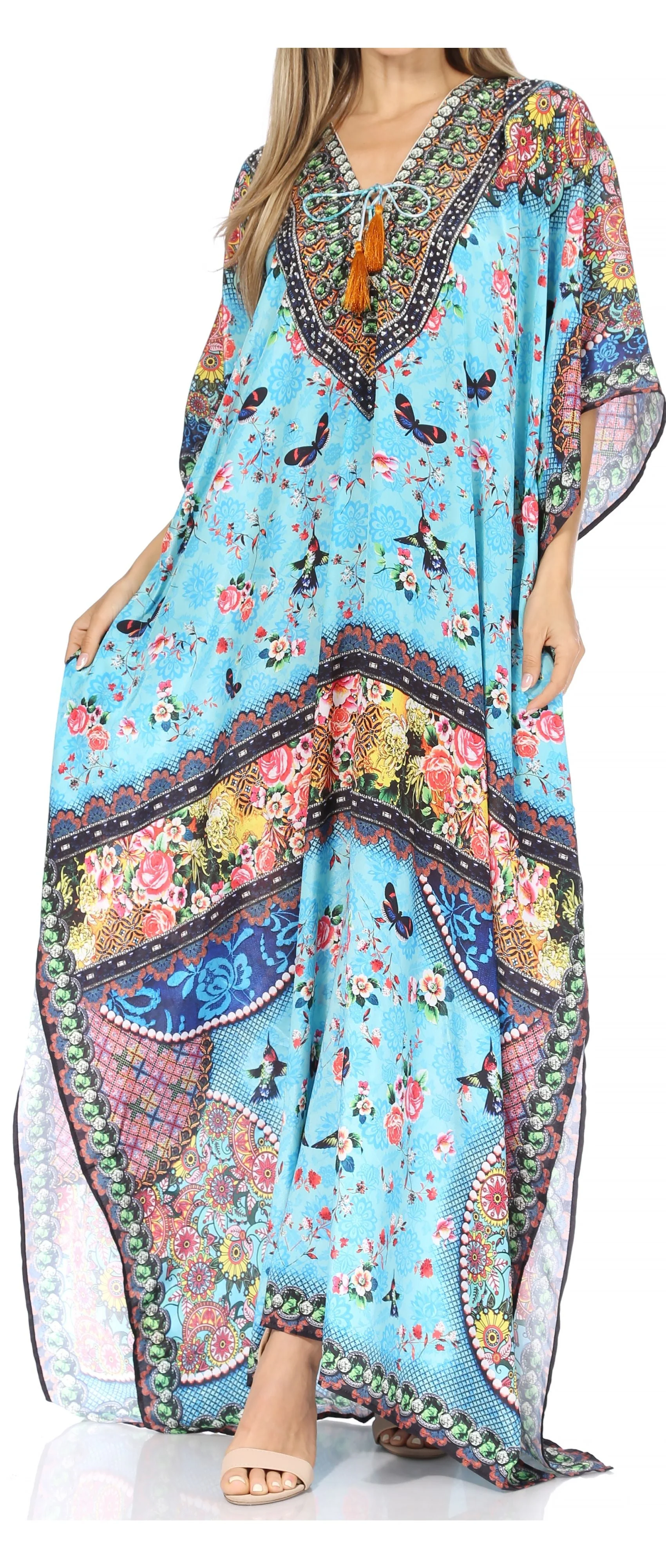 Sakkas Georgettina Flowy Rhinestone V Neck Long Caftan Dress/Cover Up - Image 15