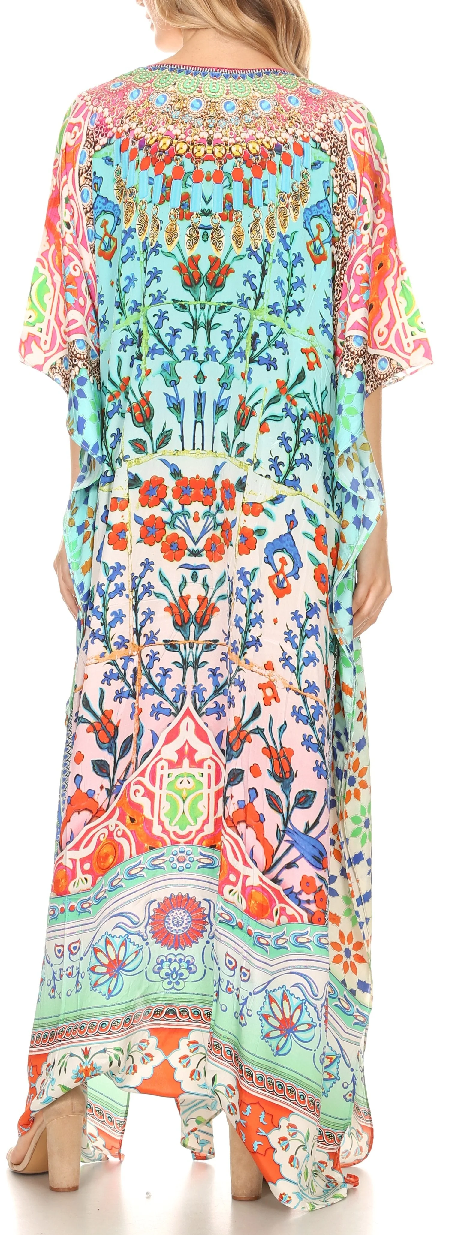 Sakkas Georgettina Flowy Rhinestone V Neck Long Caftan Dress/Cover Up - Image 151