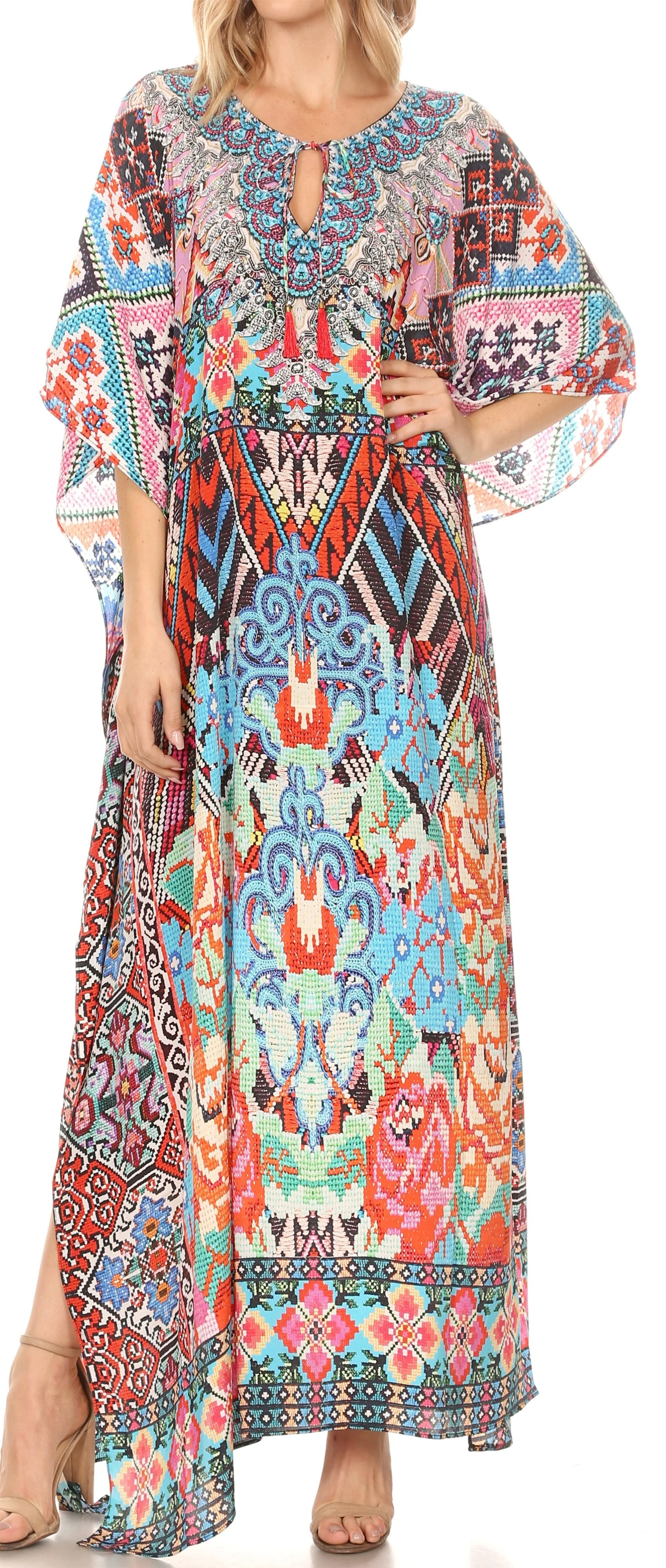 Sakkas Georgettina Flowy Rhinestone V Neck Long Caftan Dress/Cover Up - Image 153