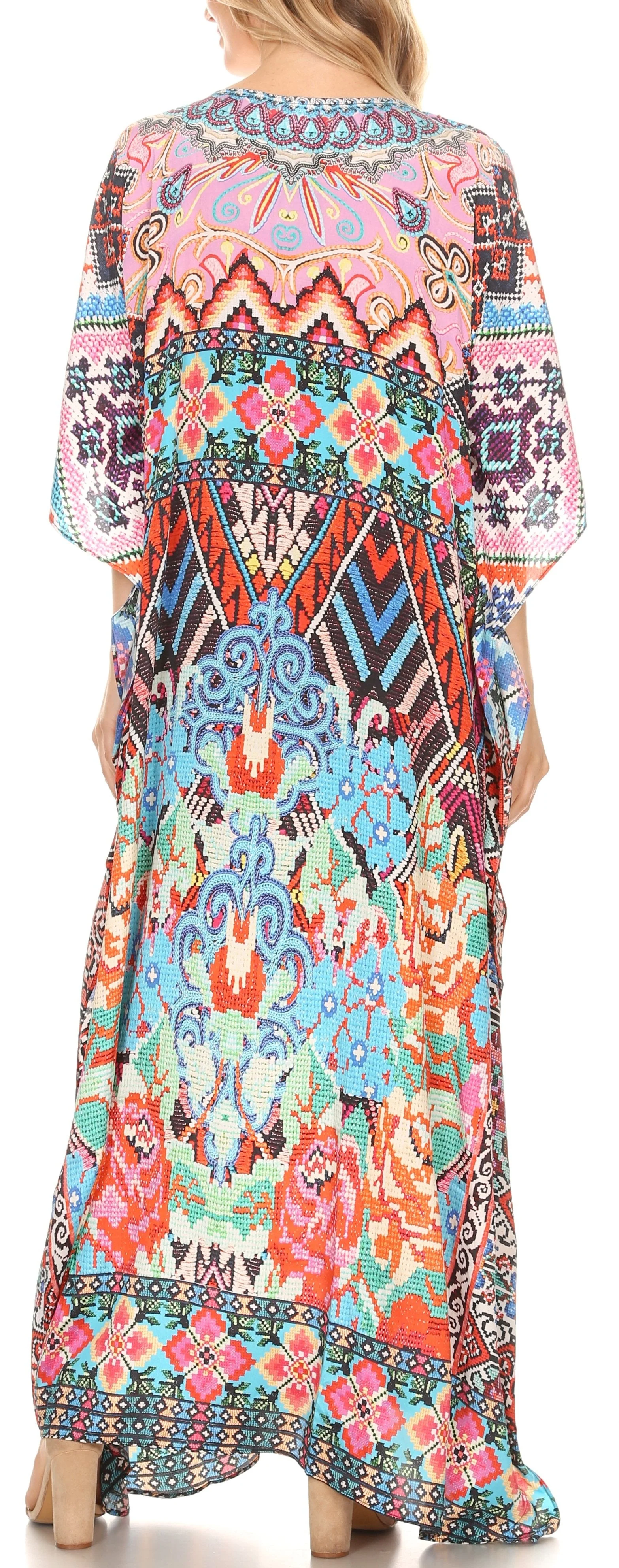 Sakkas Georgettina Flowy Rhinestone V Neck Long Caftan Dress/Cover Up - Image 154