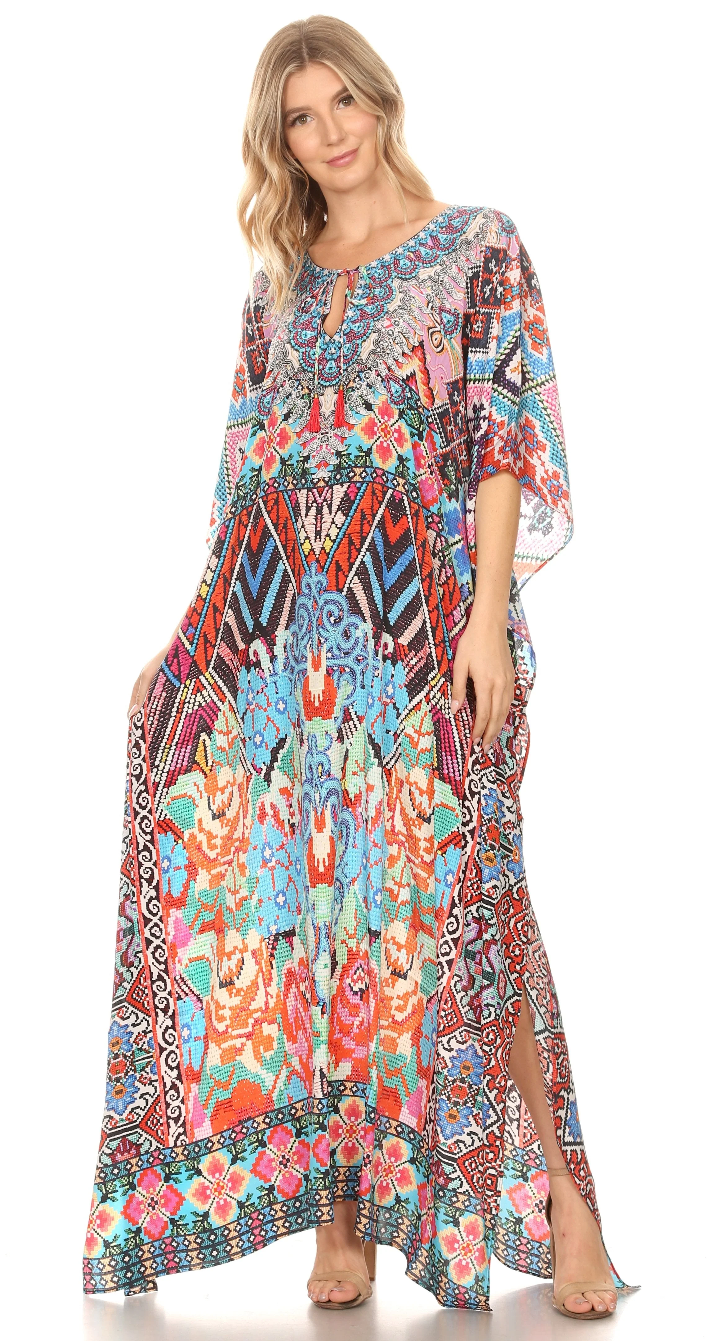 Sakkas Georgettina Flowy Rhinestone V Neck Long Caftan Dress/Cover Up - Image 155