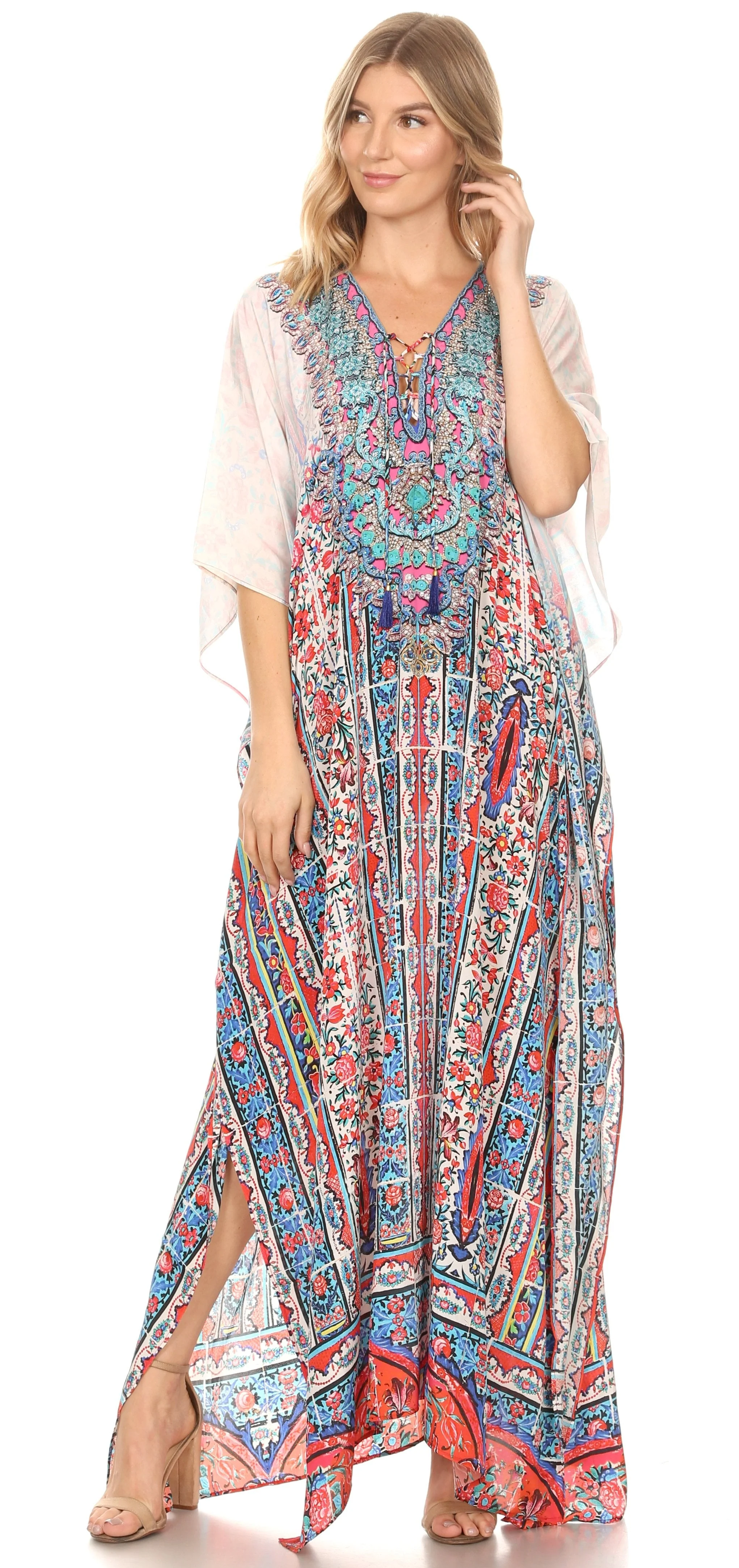 Sakkas Georgettina Flowy Rhinestone V Neck Long Caftan Dress/Cover Up - Image 158
